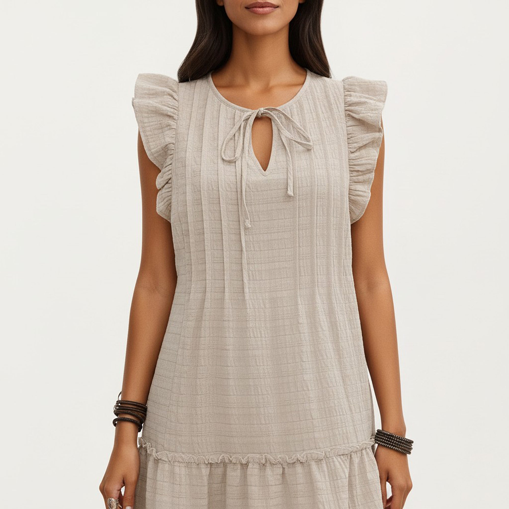Anna-Kaci Sleeveless Ruffle Mini Dress with Tie Neck Detail and Tiered Hem