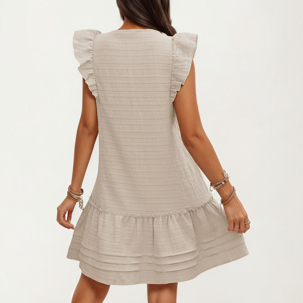 Anna-Kaci Sleeveless Ruffle Mini Dress with Tie Neck Detail and Tiered Hem