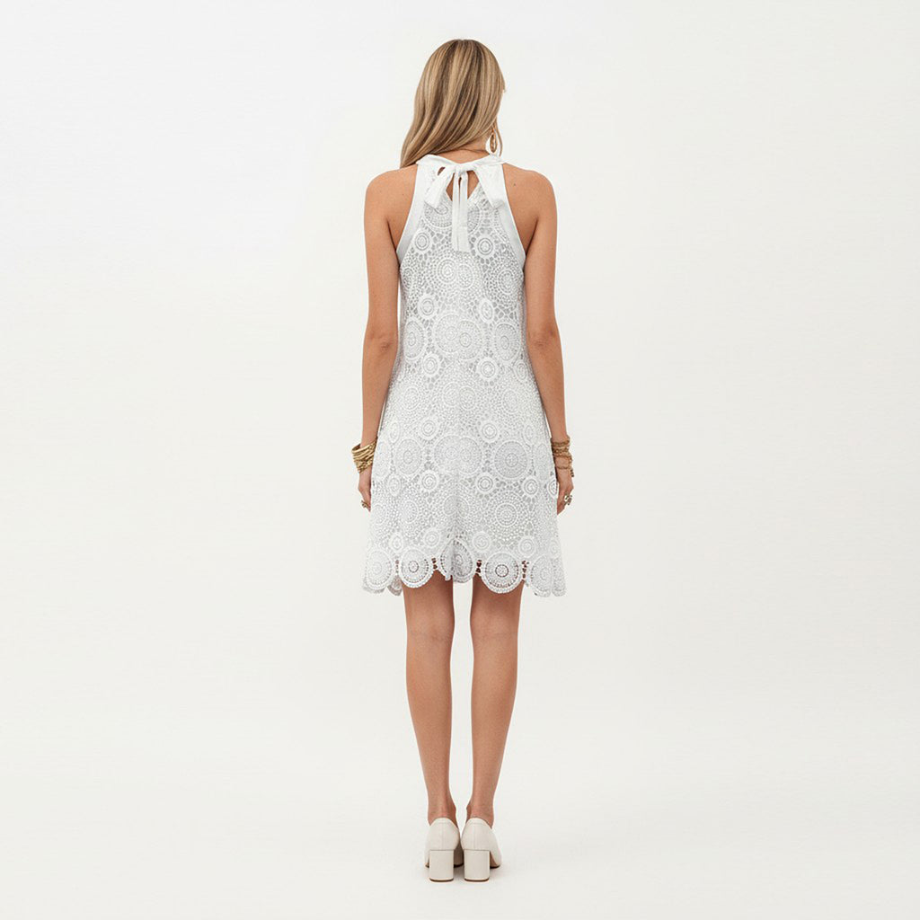 Anna-Kaci Halter Neck Lace A Line Dress with Scalloped Hem Detail