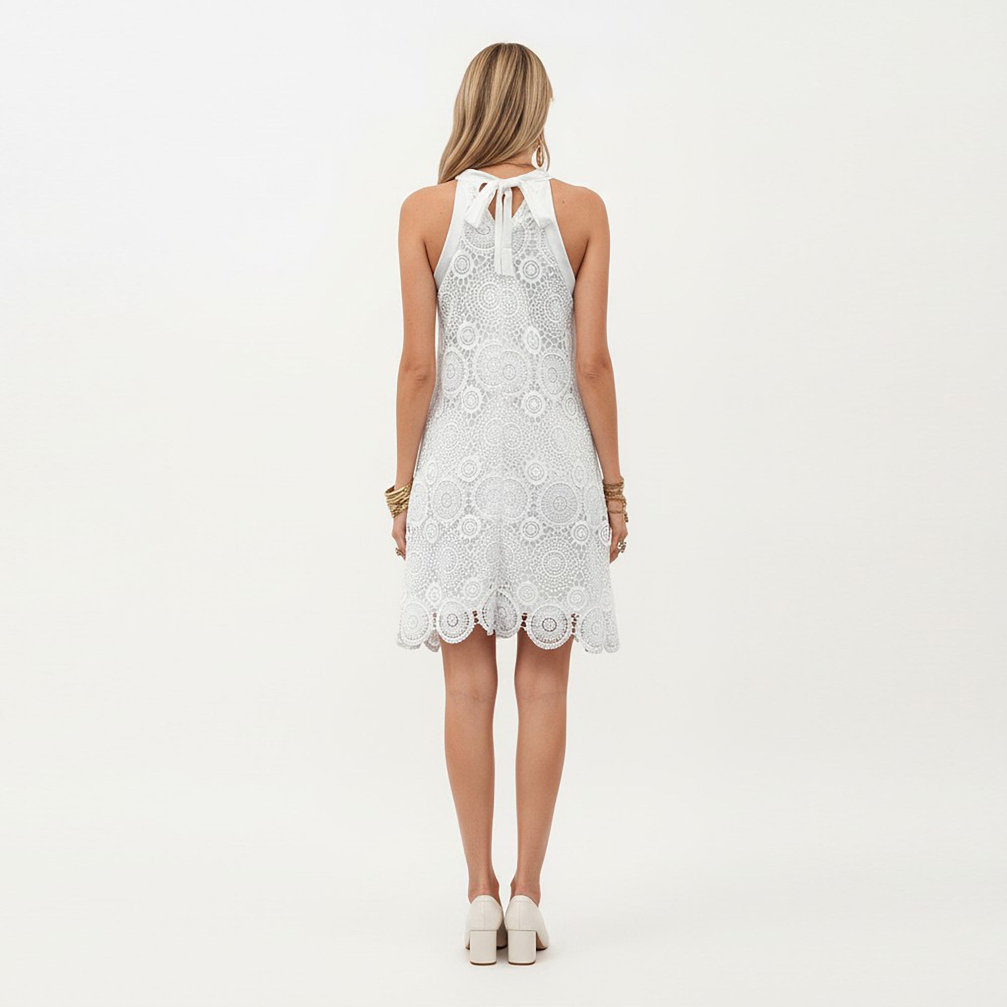 Anna-Kaci Halter Neck Lace A Line Dress with Scalloped Hem Detail