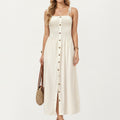Anna-Kaci Smocked Bodice Button Front Maxi Dress with Tie Shoulder Straps