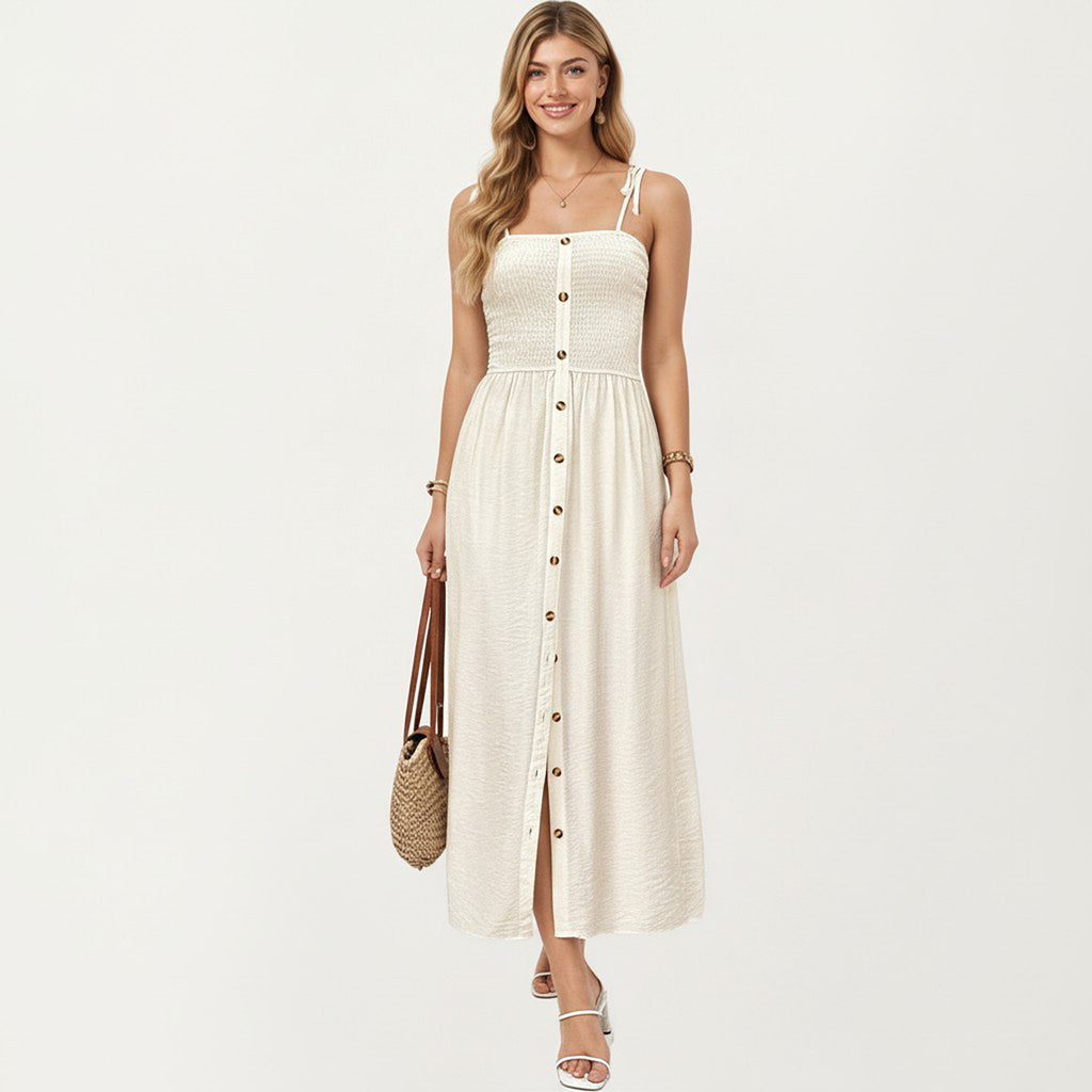 Anna-Kaci Smocked Bodice Button Front Maxi Dress with Tie Shoulder Straps