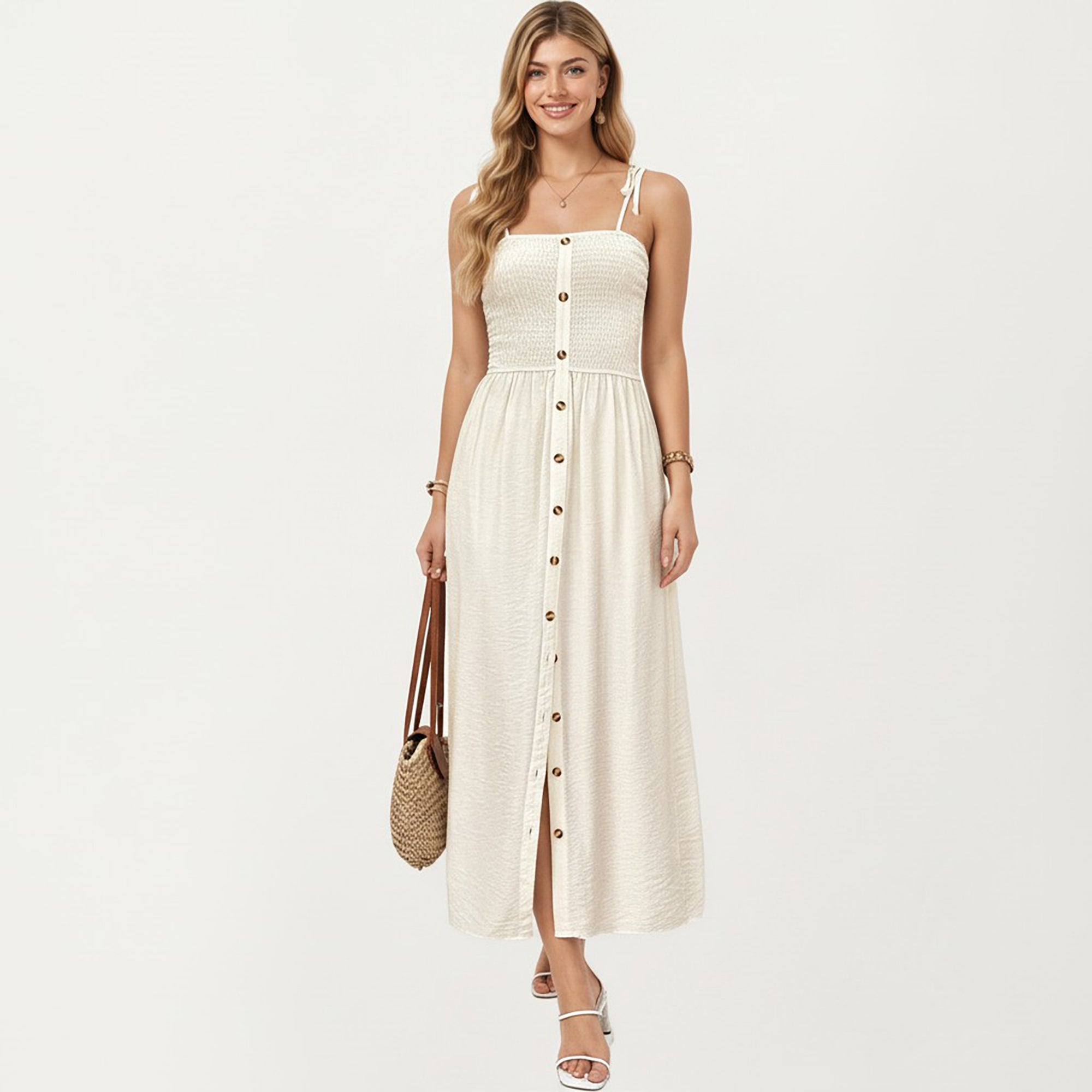 Anna-Kaci Smocked Bodice Button Front Maxi Dress with Tie Shoulder Straps