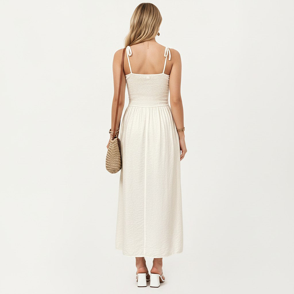 Anna-Kaci Smocked Bodice Button Front Maxi Dress with Tie Shoulder Straps