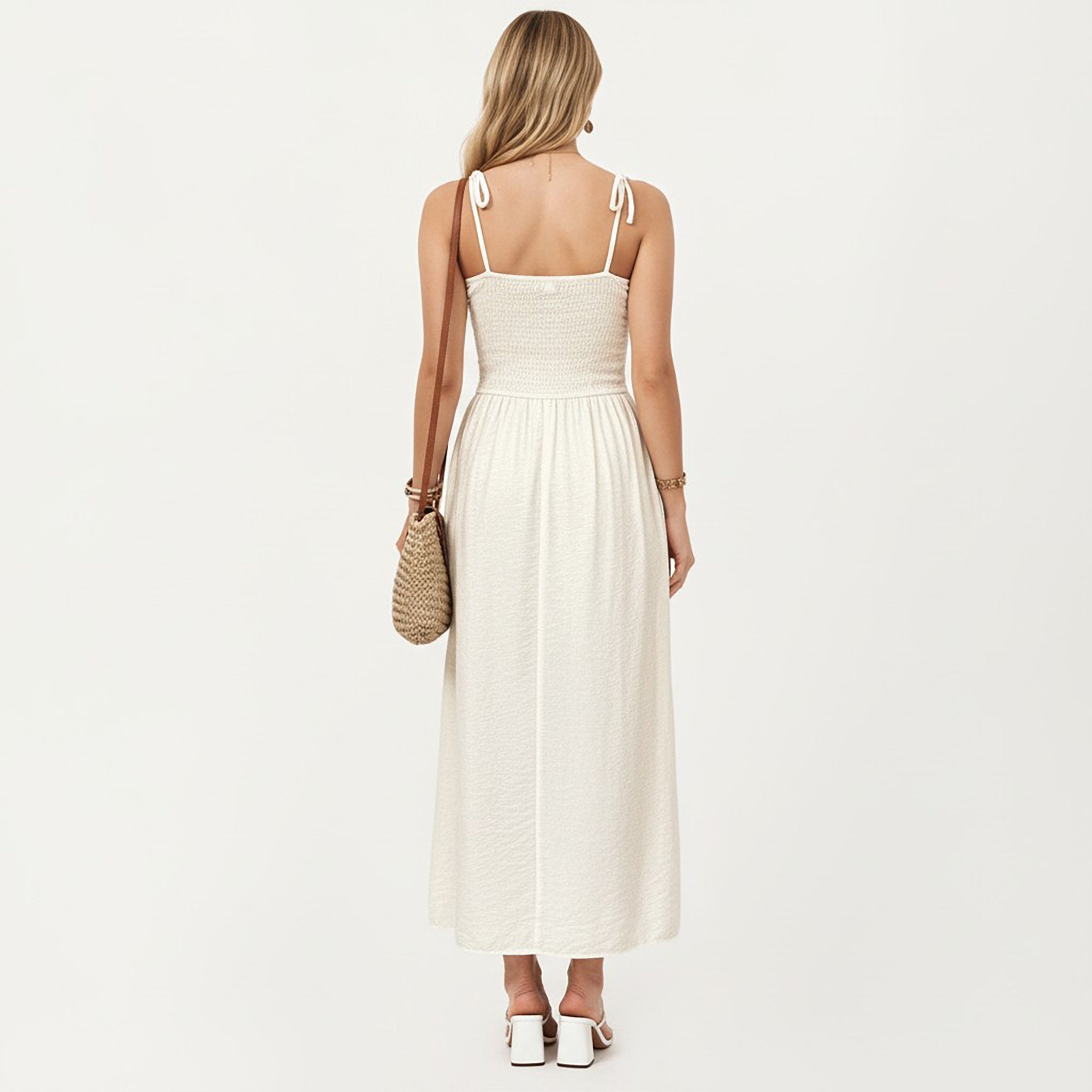 Anna-Kaci Smocked Bodice Button Front Maxi Dress with Tie Shoulder Straps