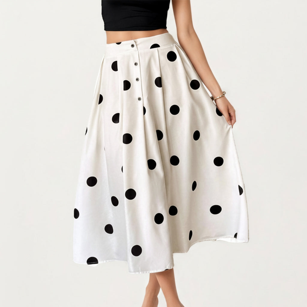 Anna-Kaci Polka Dot Midi Skirt with Button Front and Flowy A Line Silhouette
