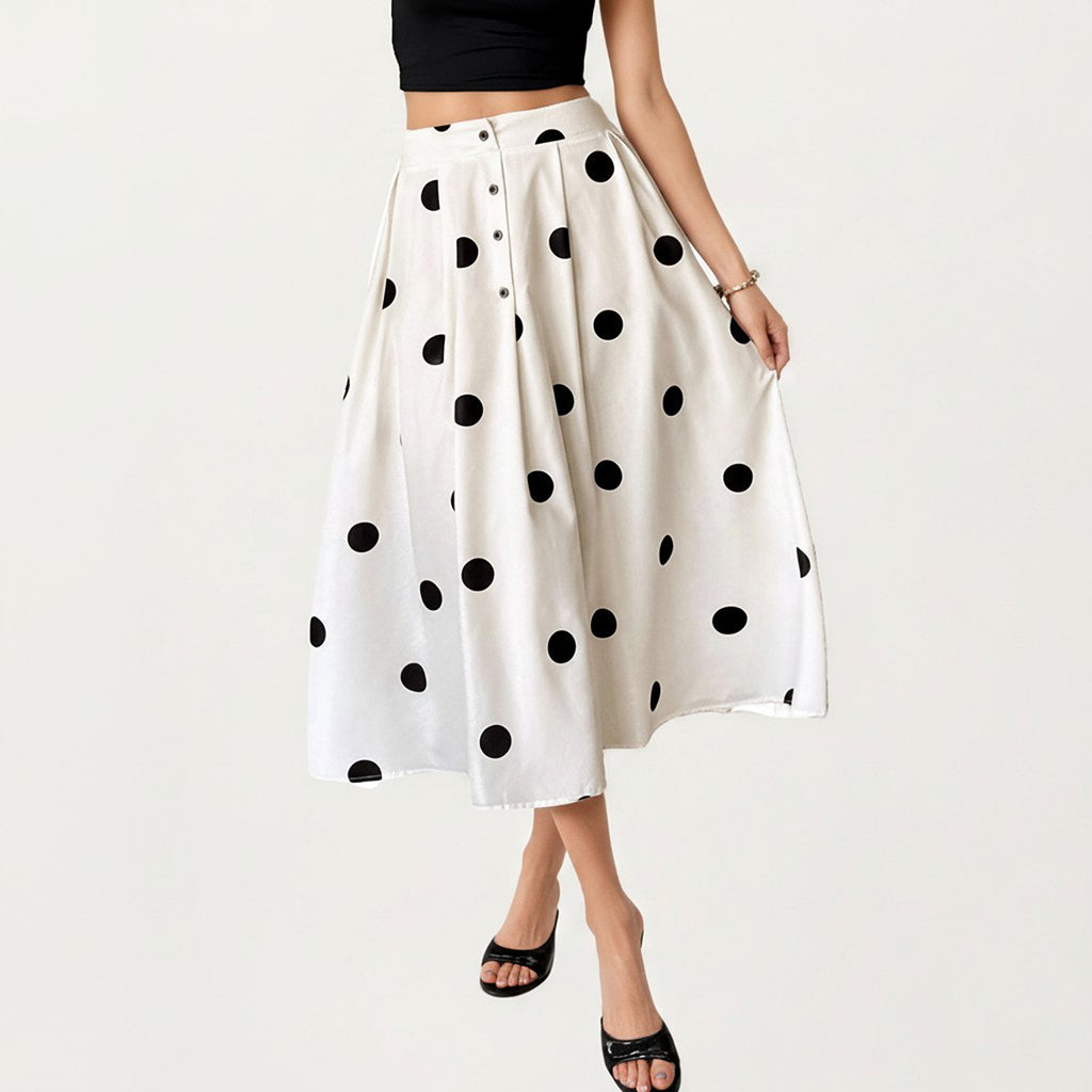 Anna-Kaci Polka Dot Midi Skirt with Button Front and Flowy A Line Silhouette