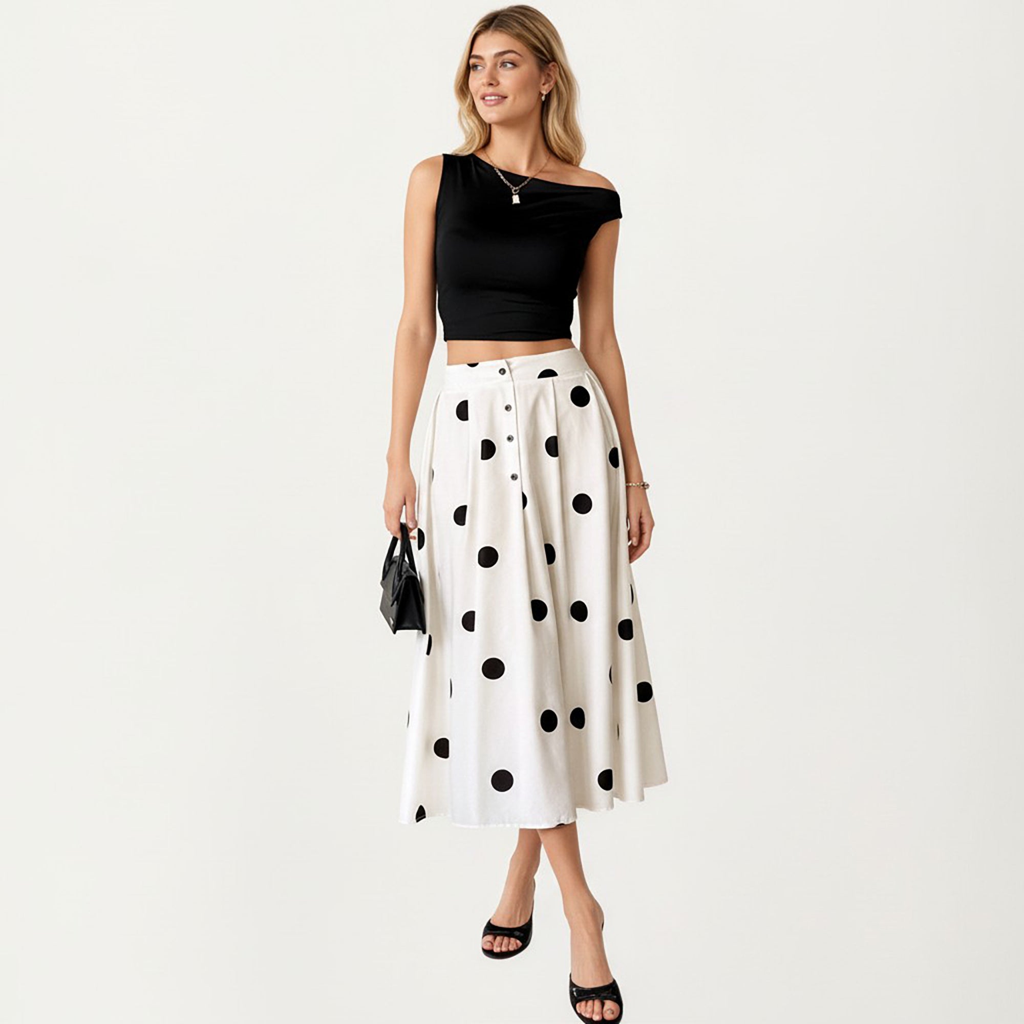 Anna-Kaci Polka Dot Midi Skirt with Button Front and Flowy A Line Silhouette