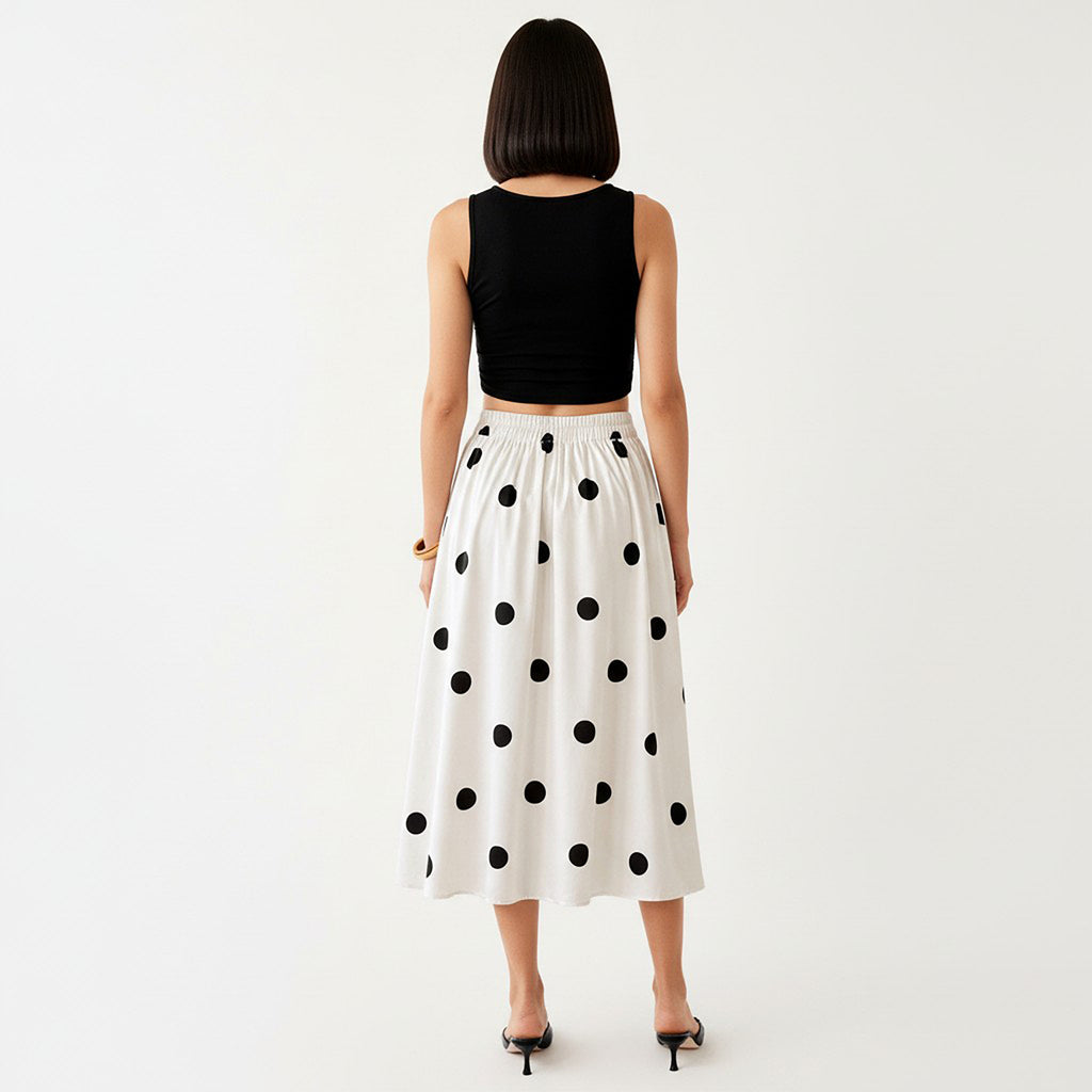 Anna-Kaci Polka Dot Midi Skirt with Button Front and Flowy A Line Silhouette
