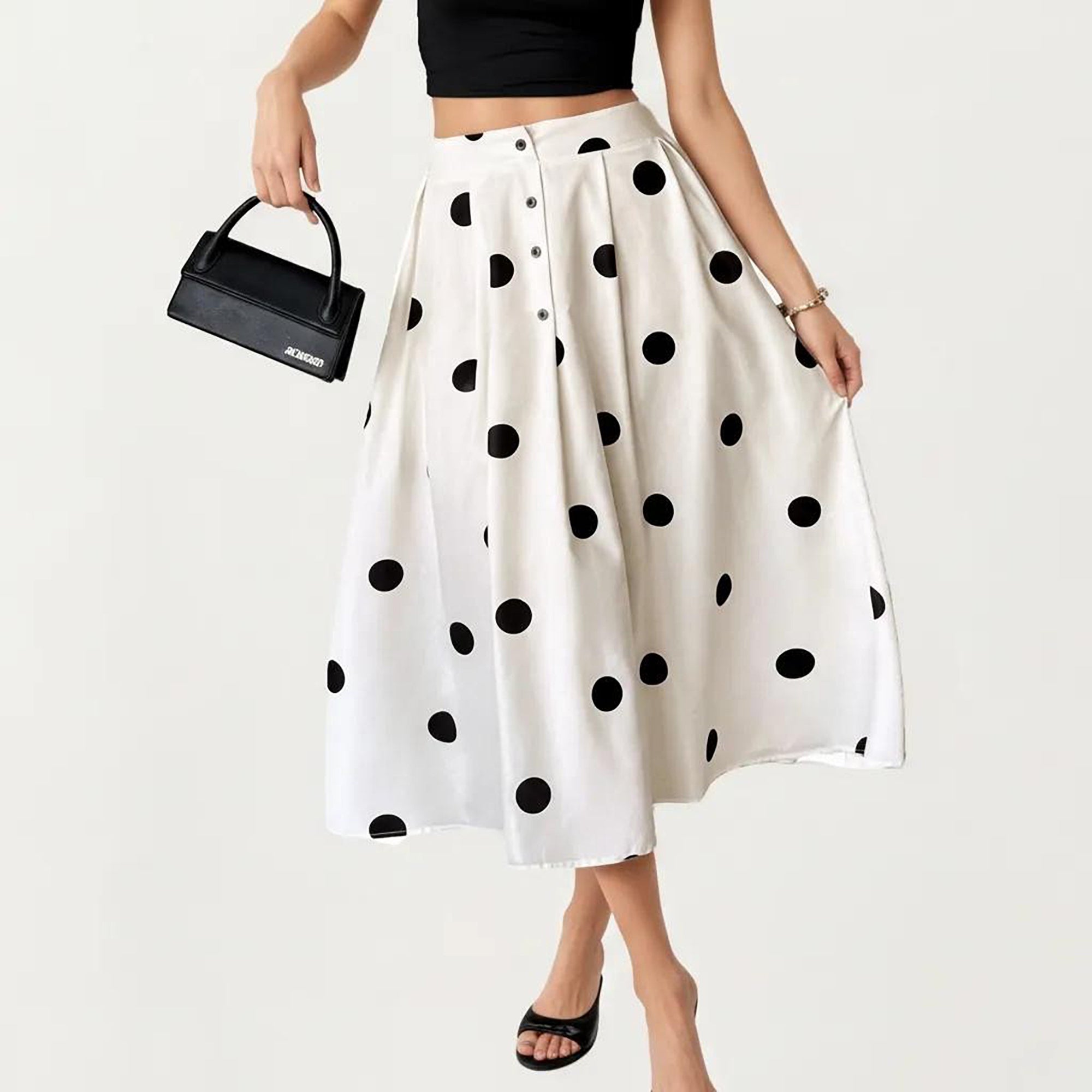 Anna-Kaci Polka Dot Midi Skirt with Button Front and Flowy A Line Silhouette