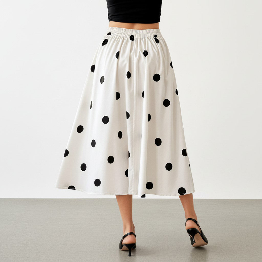 Anna-Kaci Polka Dot Midi Skirt with Button Front and Flowy A Line Silhouette