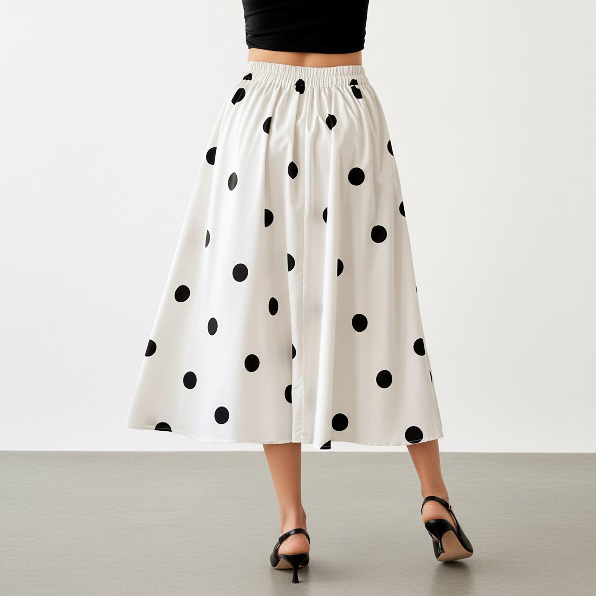 Anna-Kaci Polka Dot Midi Skirt with Button Front and Flowy A Line Silhouette