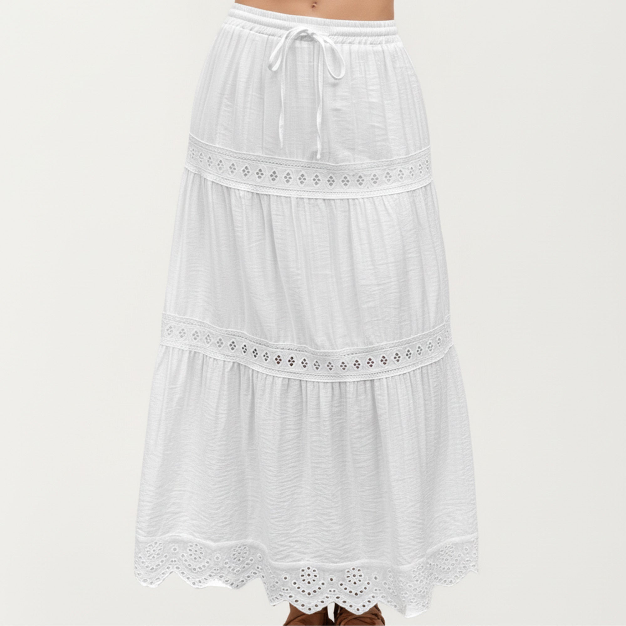 Anna-Kaci Tiered Eyelet Midi Skirt with Drawstring Waist and Lace Trim Detail
