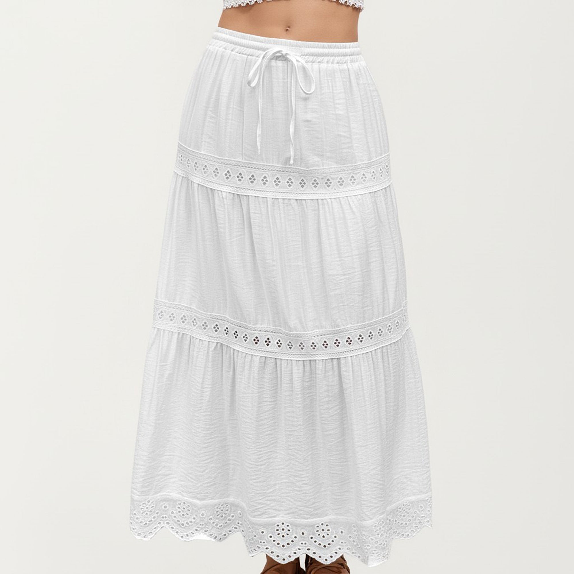 Anna-Kaci Tiered Eyelet Midi Skirt with Drawstring Waist and Lace Trim Detail