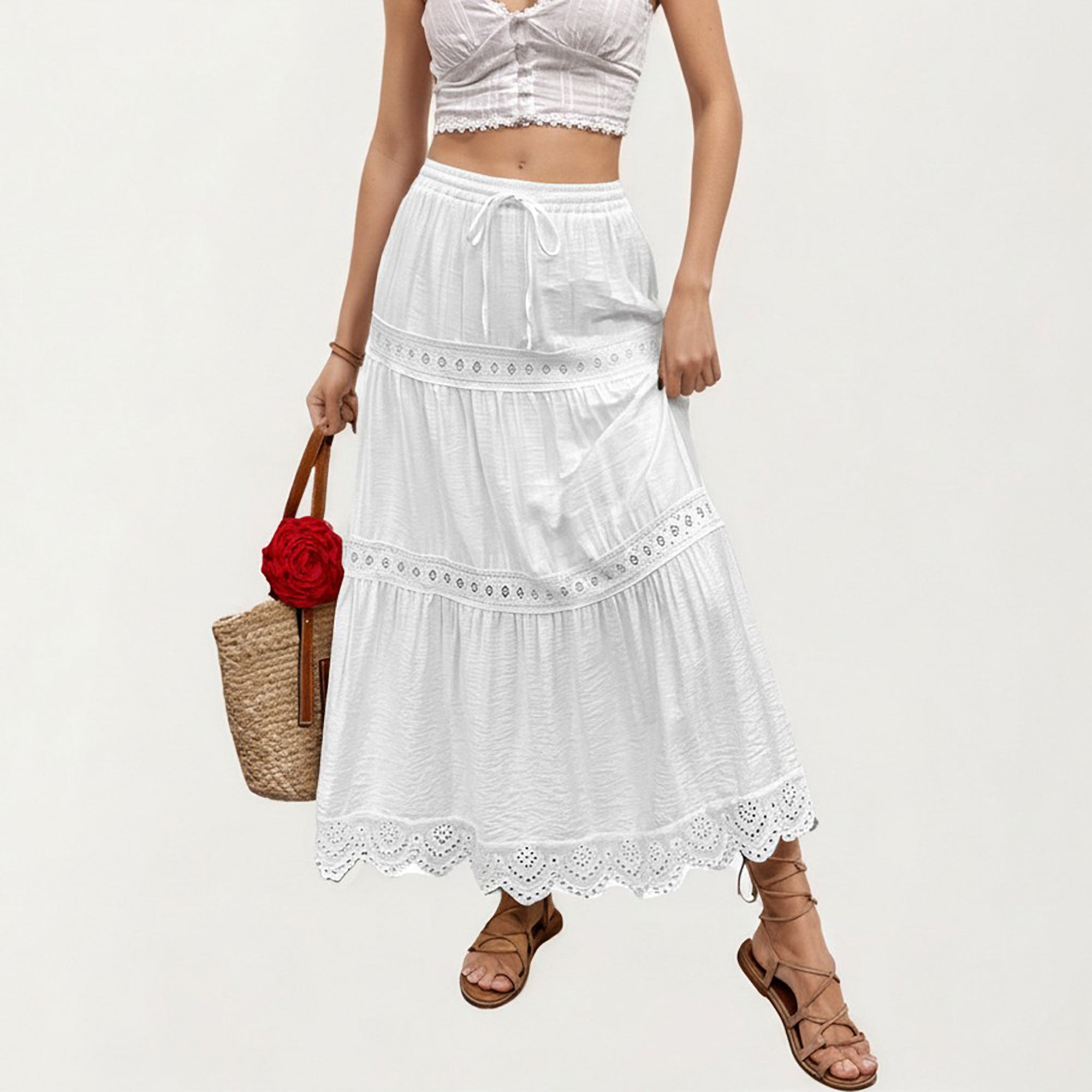 Anna-Kaci Tiered Eyelet Midi Skirt with Drawstring Waist and Lace Trim Detail