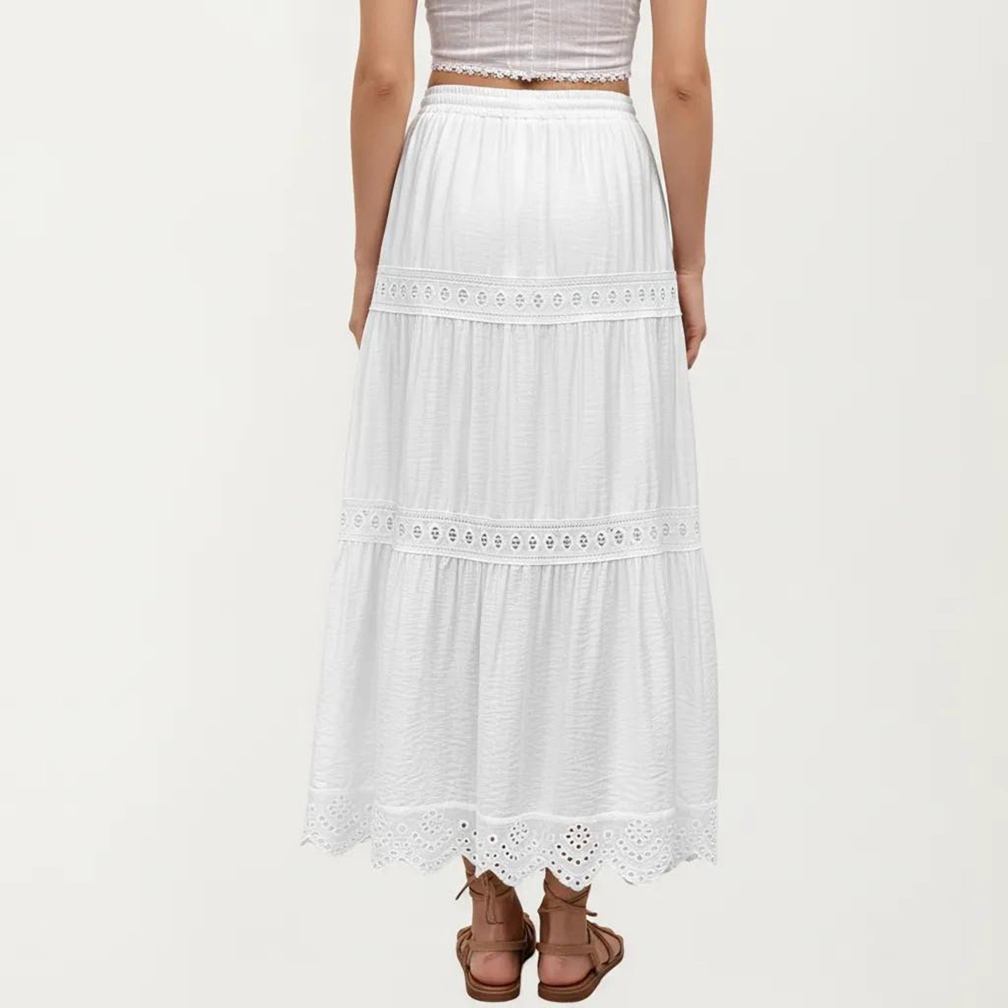 Anna-Kaci Tiered Eyelet Midi Skirt with Drawstring Waist and Lace Trim Detail