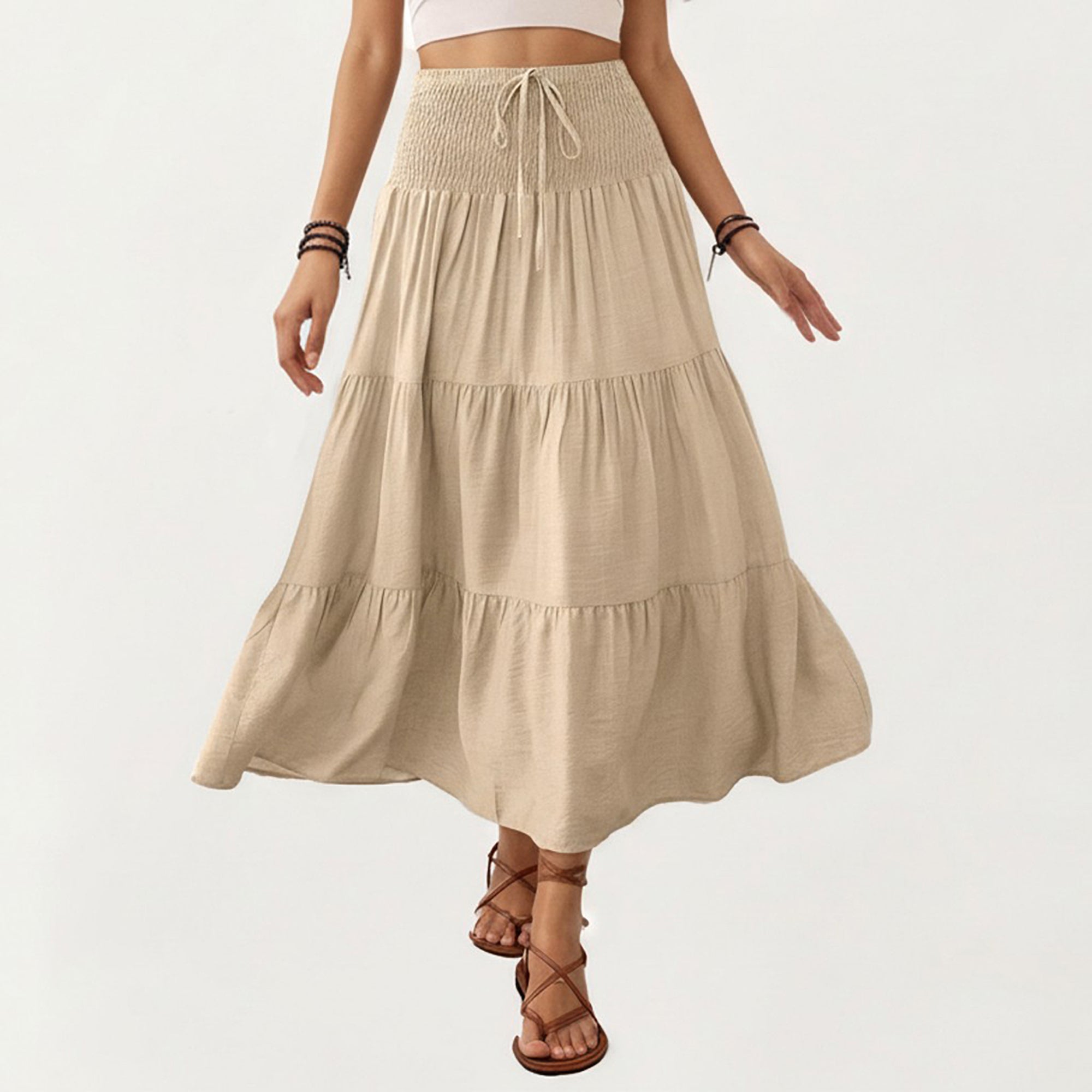 Anna-Kaci Smocked Waist Tiered Midi Skirt with Drawstring Detail and Flowy Silhouette