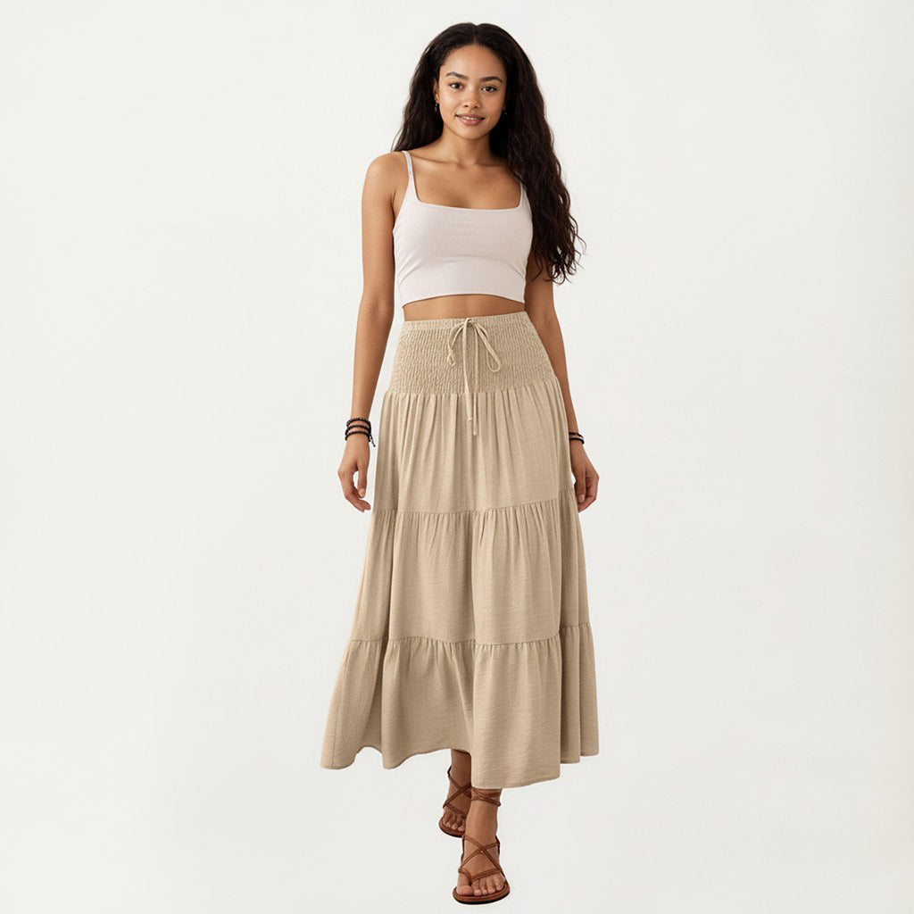 Anna-Kaci Smocked Waist Tiered Midi Skirt with Drawstring Detail and Flowy Silhouette