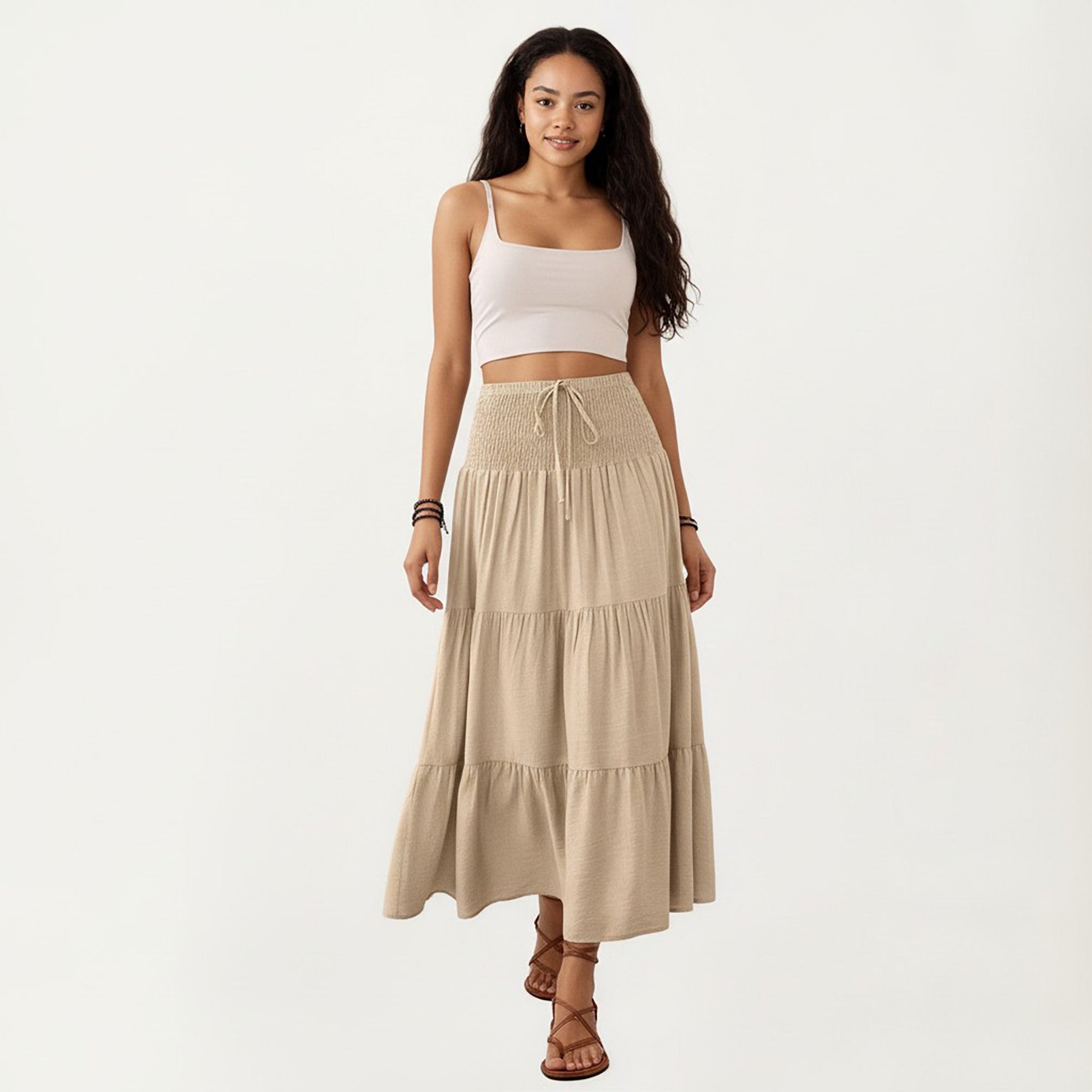 Anna-Kaci Smocked Waist Tiered Midi Skirt with Drawstring Detail and Flowy Silhouette