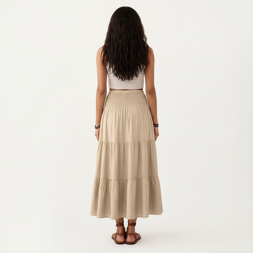 Anna-Kaci Smocked Waist Tiered Midi Skirt with Drawstring Detail and Flowy Silhouette