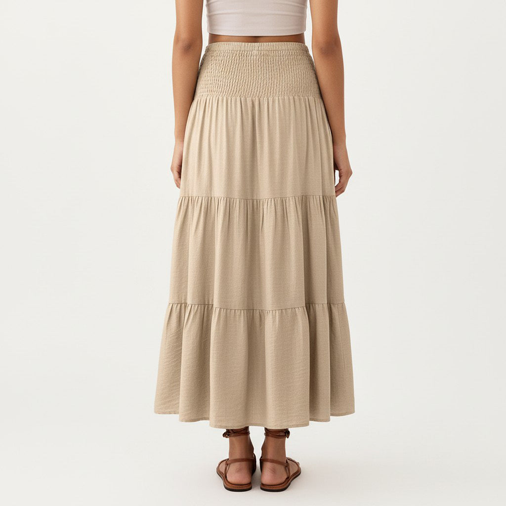 Anna-Kaci Smocked Waist Tiered Midi Skirt with Drawstring Detail and Flowy Silhouette