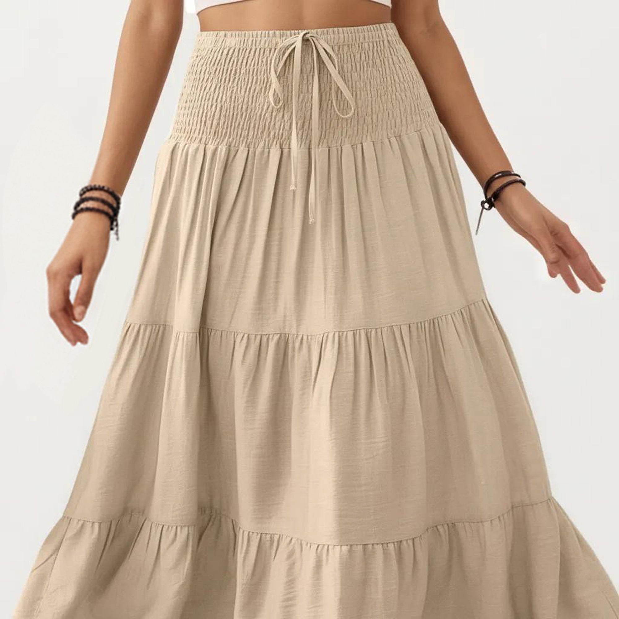 Anna-Kaci Smocked Waist Tiered Midi Skirt with Drawstring Detail and Flowy Silhouette