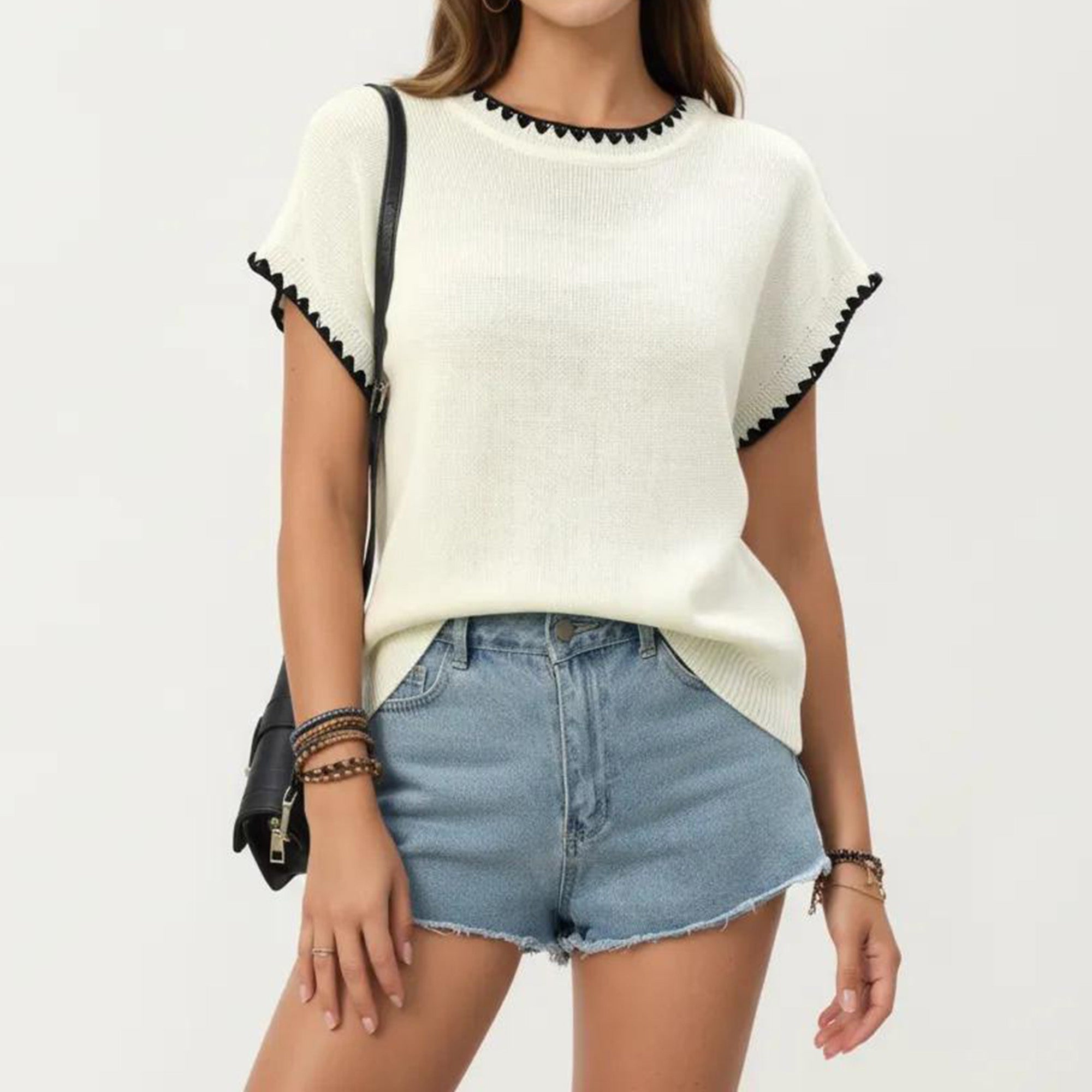 Anna-Kaci Short Sleeve Knit Top with Contrast Trim Crew Neck and Relaxed Fit