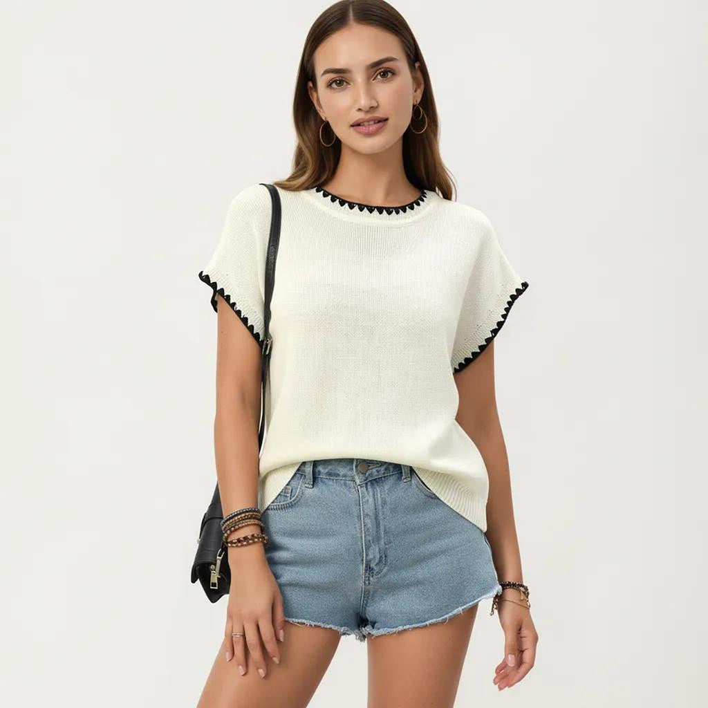 Anna-Kaci Short Sleeve Knit Top with Contrast Trim Crew Neck and Relaxed Fit