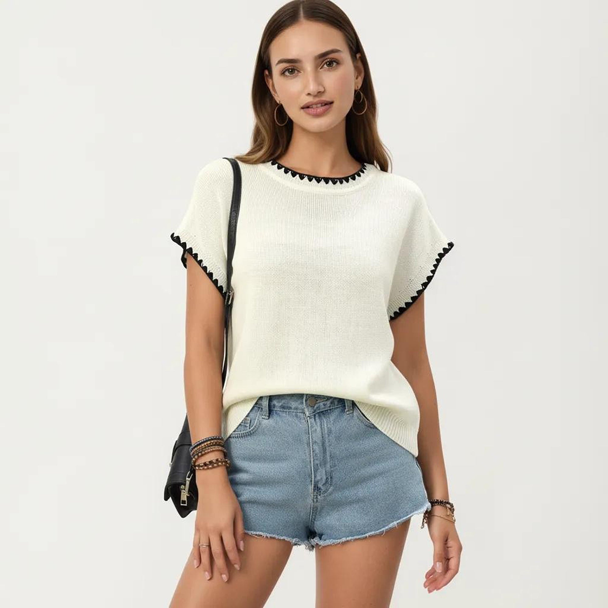 Anna-Kaci Short Sleeve Knit Top with Contrast Trim Crew Neck and Relaxed Fit
