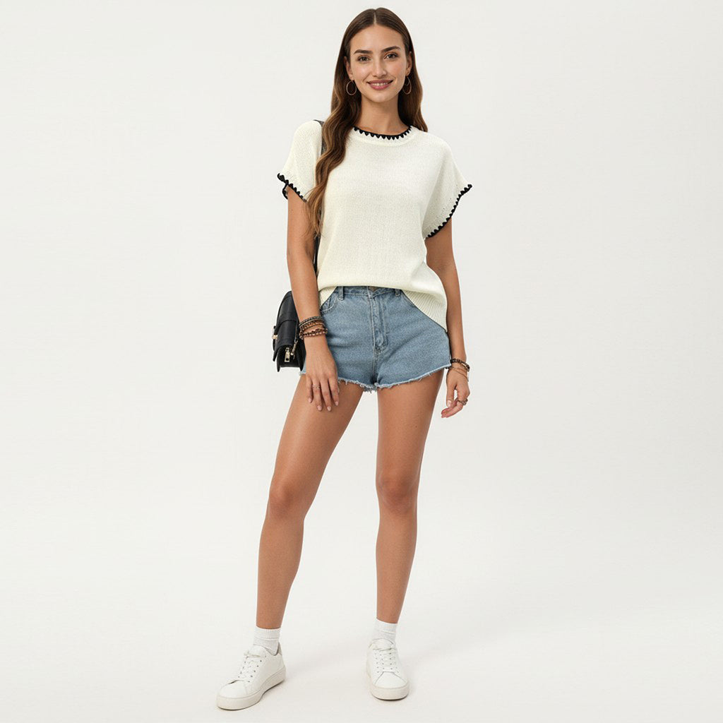 Anna-Kaci Short Sleeve Knit Top with Contrast Trim Crew Neck and Relaxed Fit