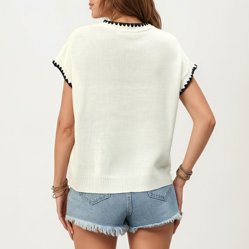 Anna-Kaci Short Sleeve Knit Top with Contrast Trim Crew Neck and Relaxed Fit