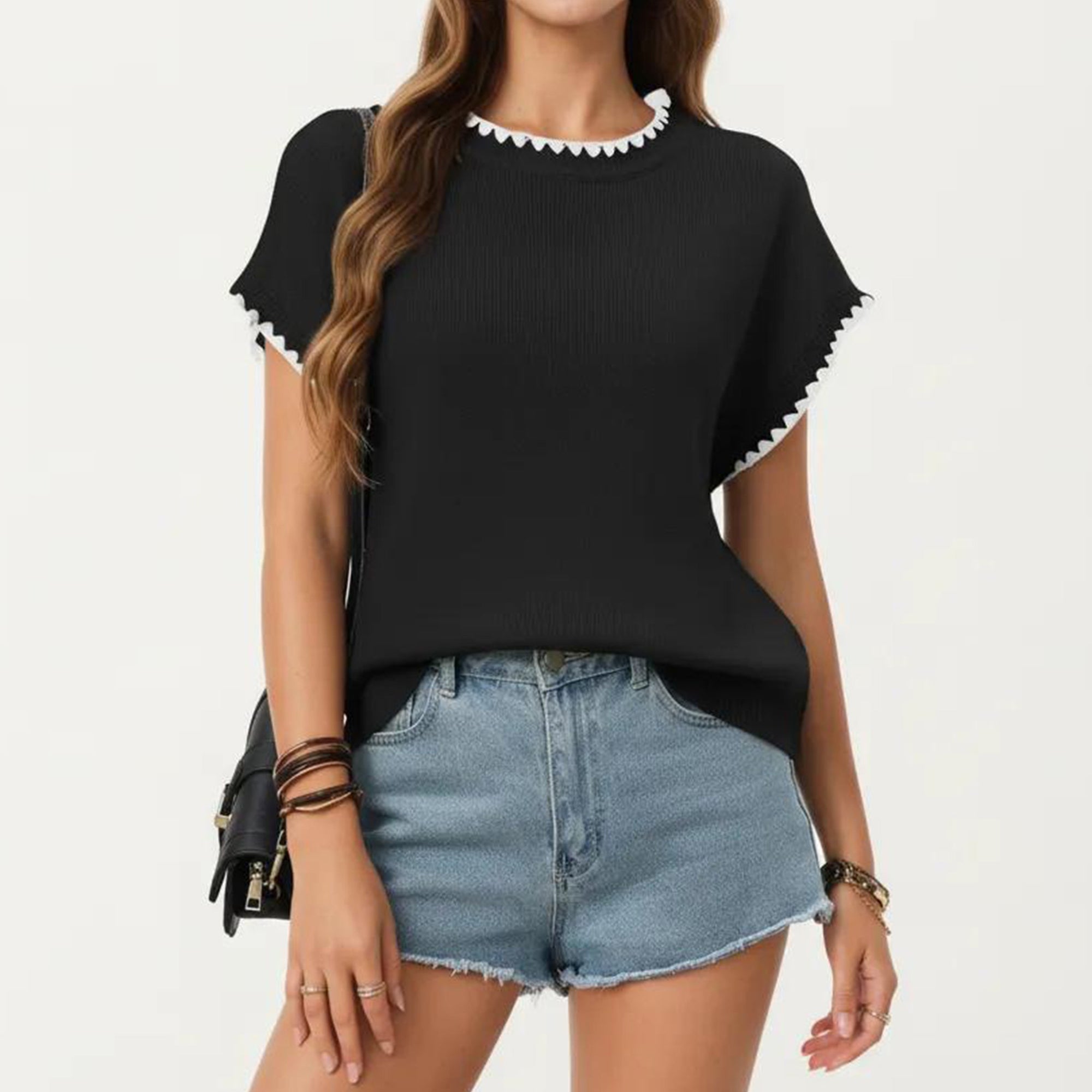 Anna-Kaci Short Sleeve Knit Top with Contrast Trim Crew Neck and Relaxed Fit