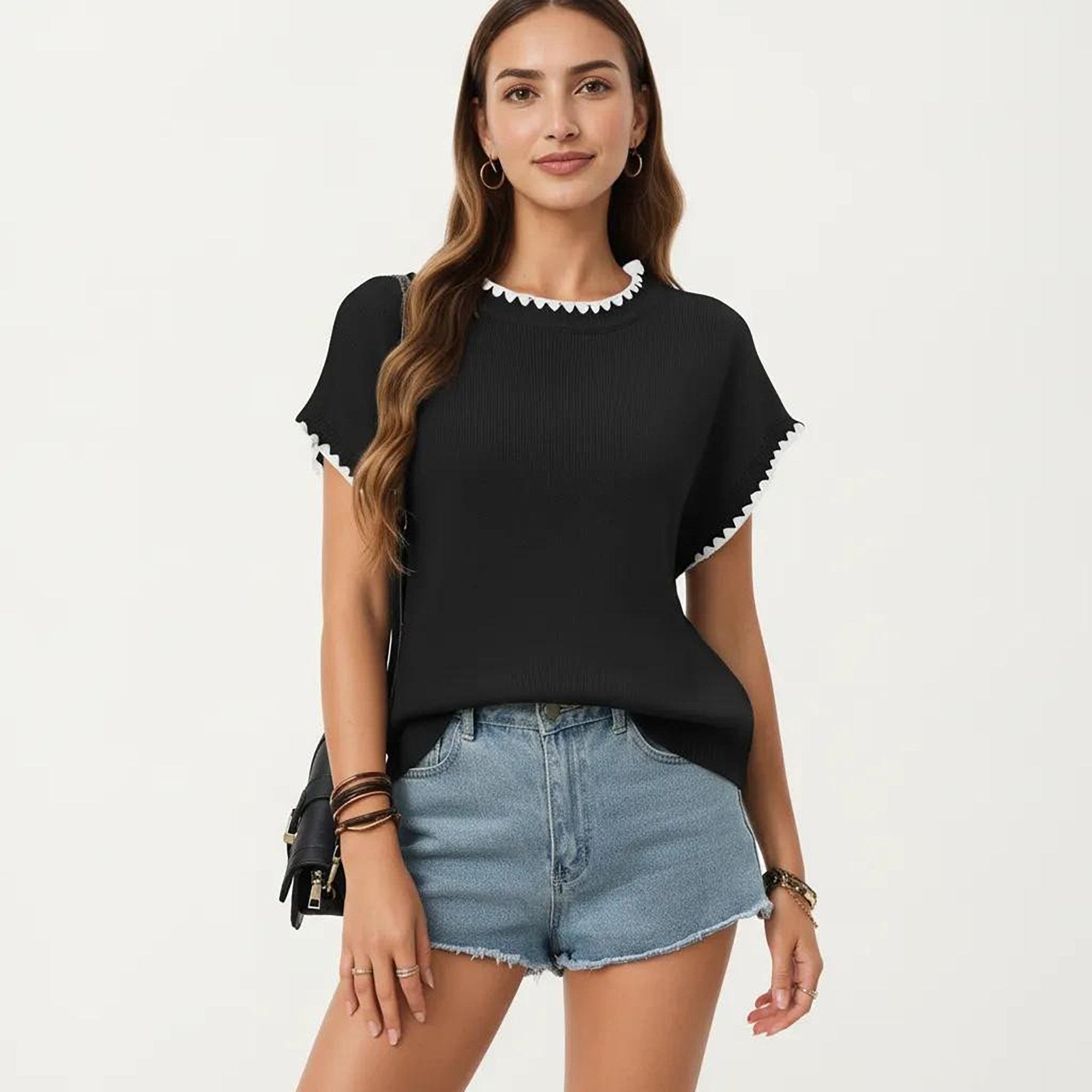 Anna-Kaci Short Sleeve Knit Top with Contrast Trim Crew Neck and Relaxed Fit