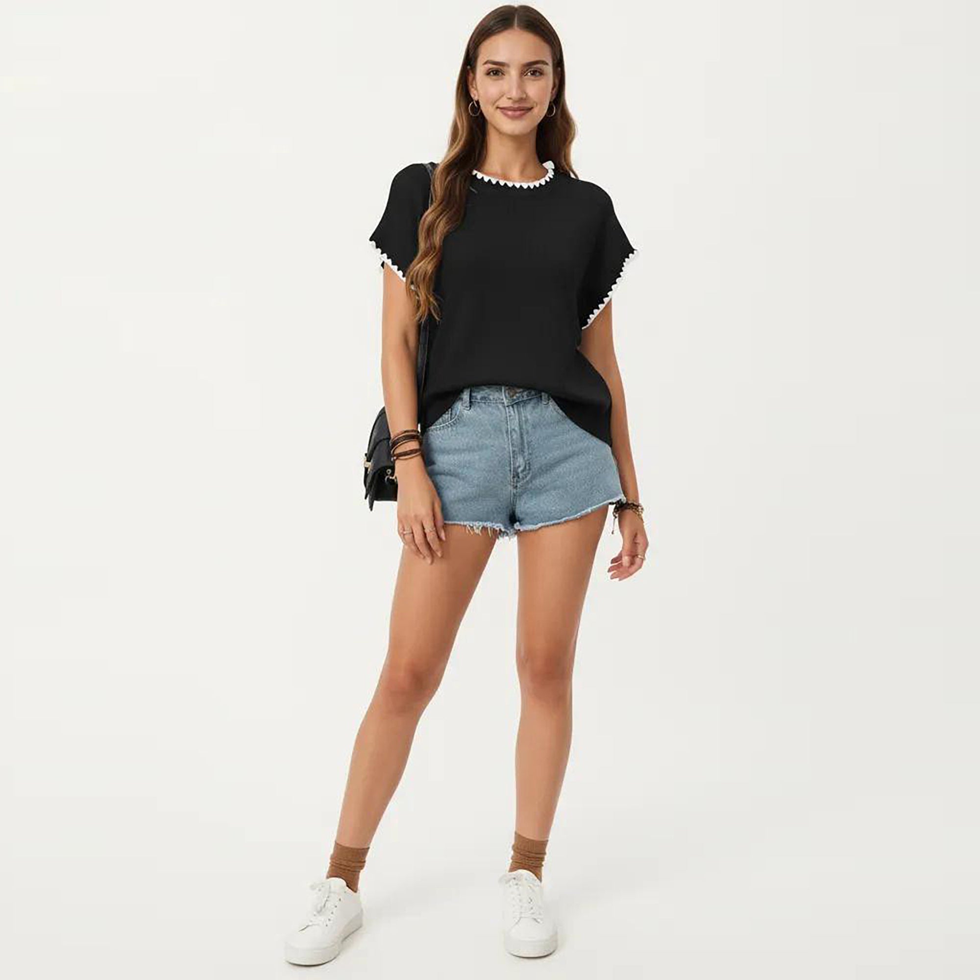 Anna-Kaci Short Sleeve Knit Top with Contrast Trim Crew Neck and Relaxed Fit