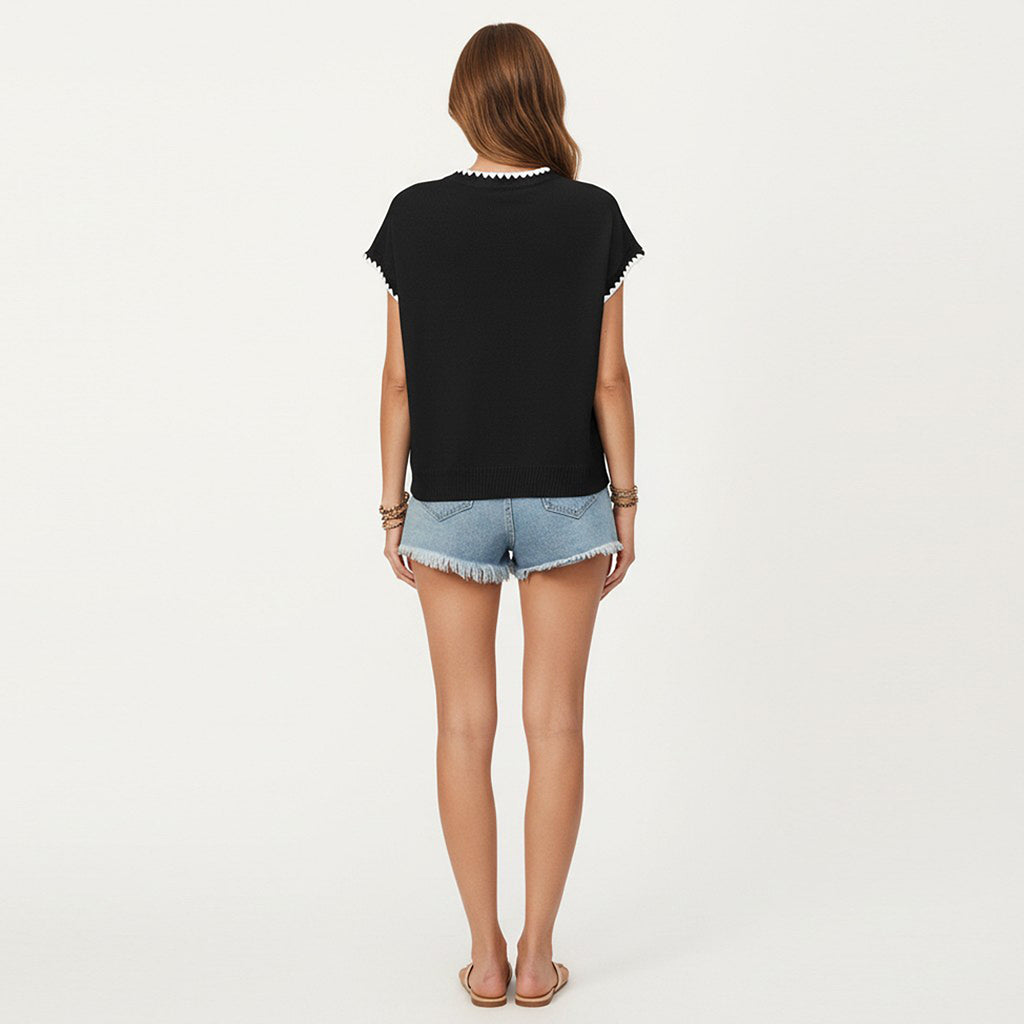 Anna-Kaci Short Sleeve Knit Top with Contrast Trim Crew Neck and Relaxed Fit