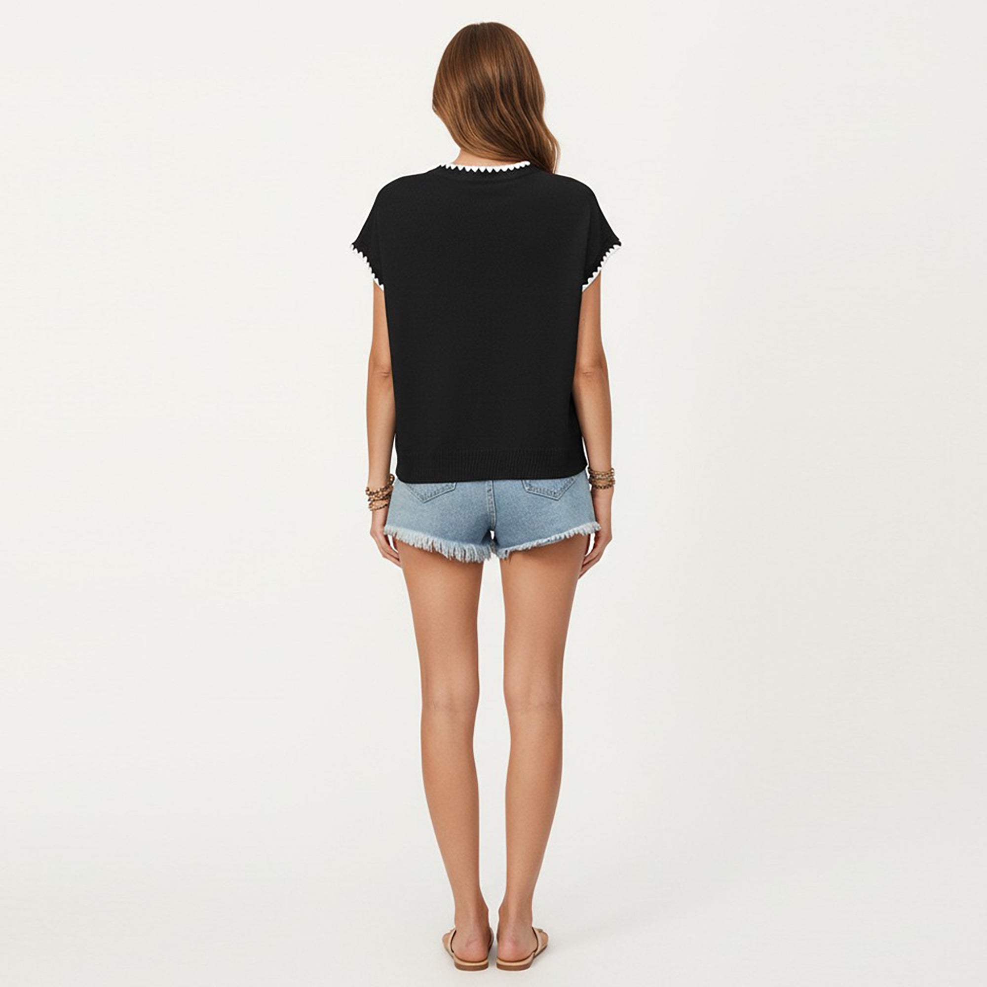 Anna-Kaci Short Sleeve Knit Top with Contrast Trim Crew Neck and Relaxed Fit