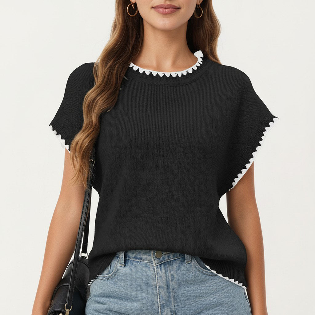 Anna-Kaci Short Sleeve Knit Top with Contrast Trim Crew Neck and Relaxed Fit