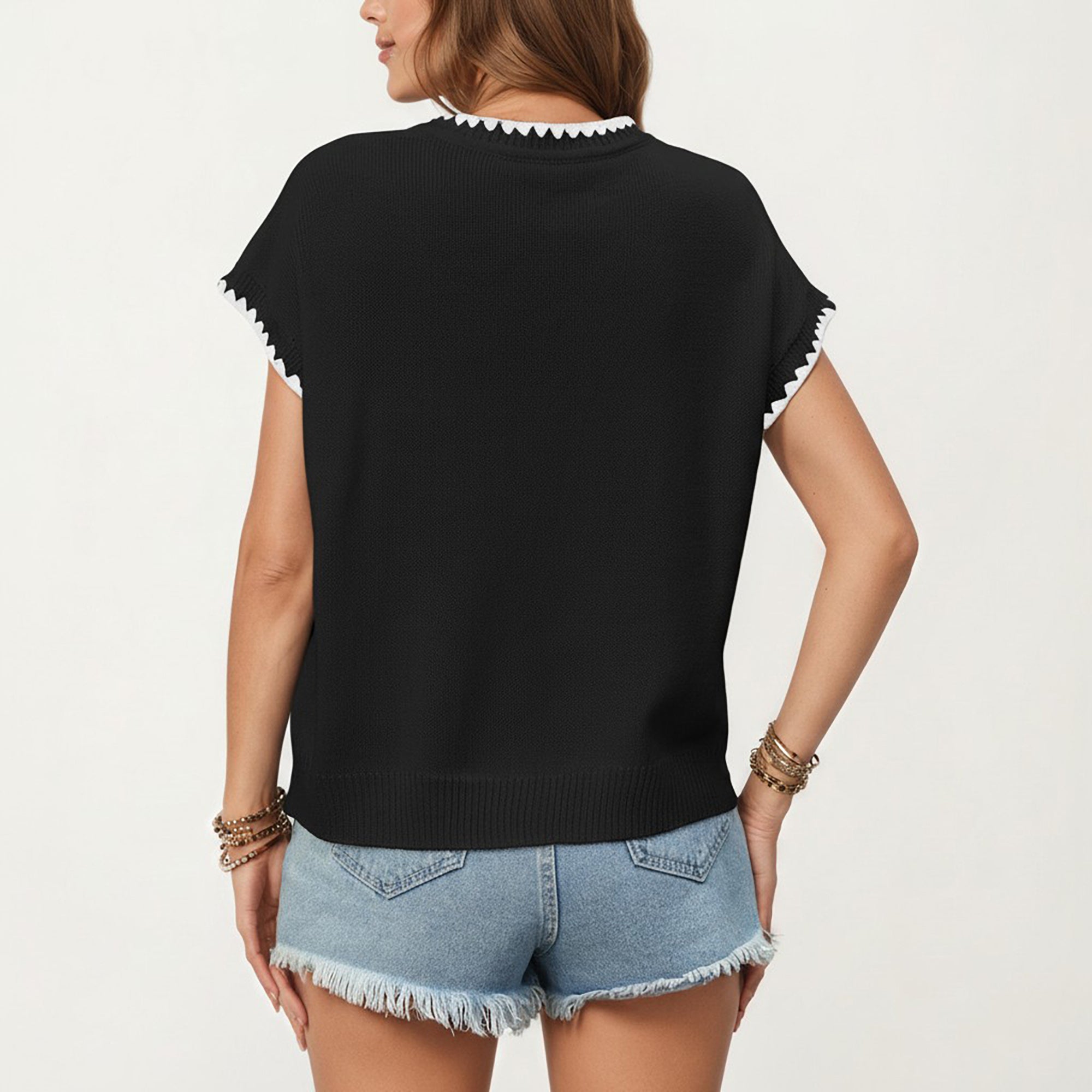 Anna-Kaci Short Sleeve Knit Top with Contrast Trim Crew Neck and Relaxed Fit