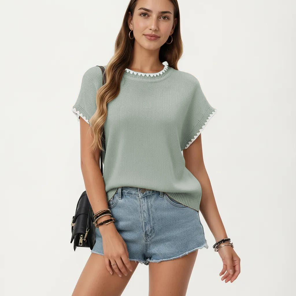 Anna-Kaci Short Sleeve Knit Top with Contrast Trim Crew Neck and Relaxed Fit