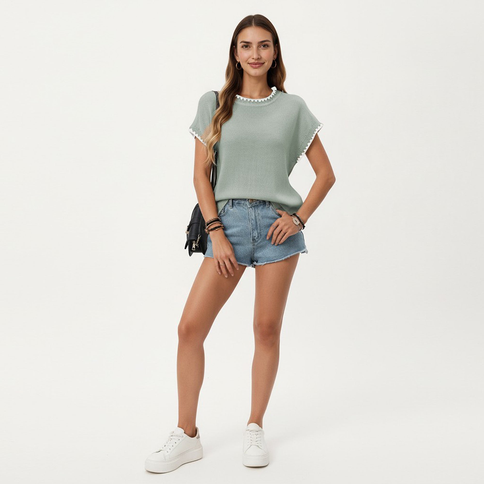 Anna-Kaci Short Sleeve Knit Top with Contrast Trim Crew Neck and Relaxed Fit