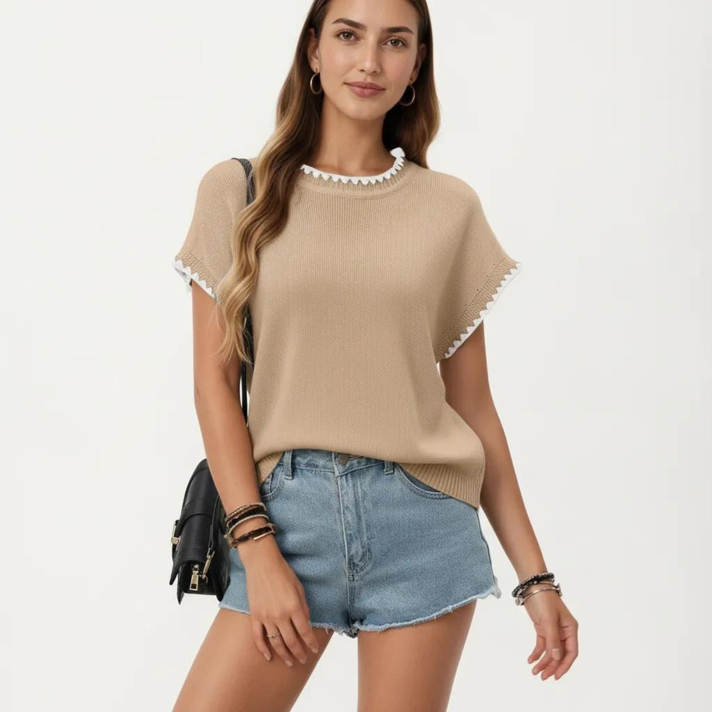 Anna-Kaci Short Sleeve Knit Top with Contrast Trim Crew Neck and Relaxed Fit