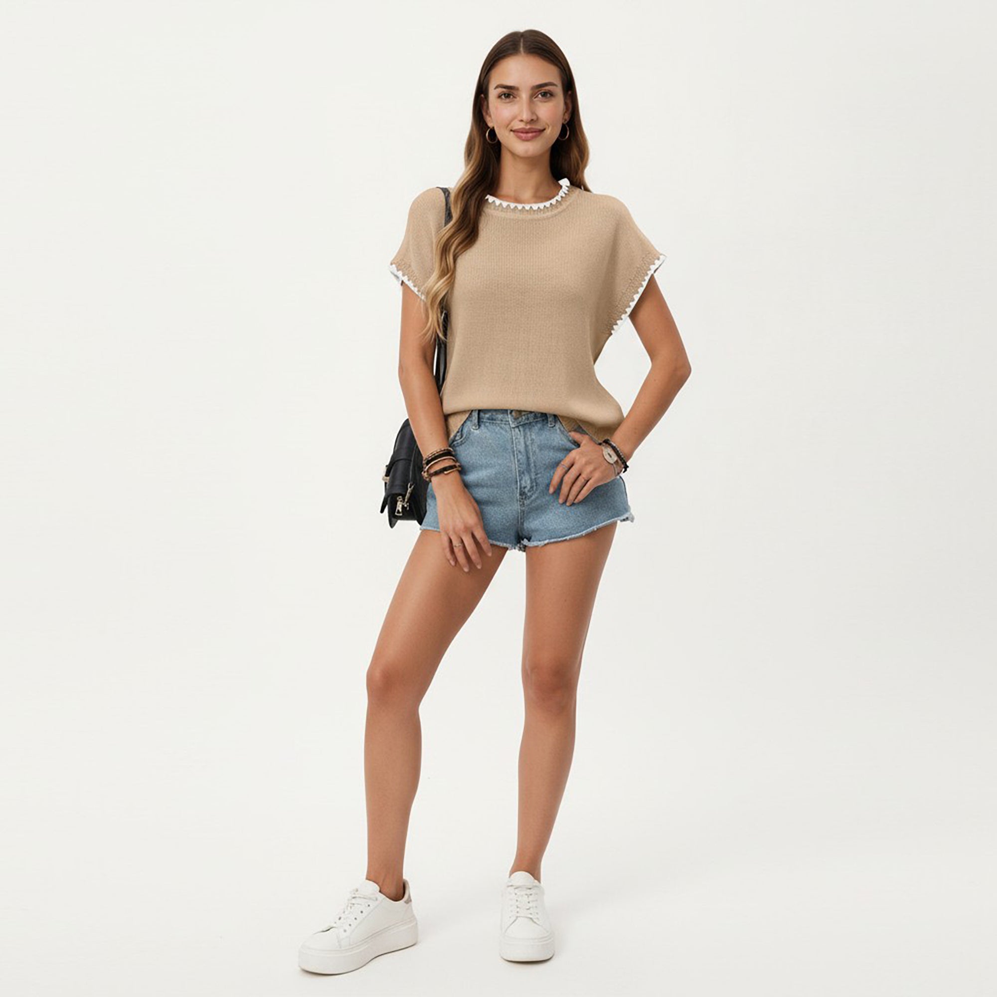 Anna-Kaci Short Sleeve Knit Top with Contrast Trim Crew Neck and Relaxed Fit