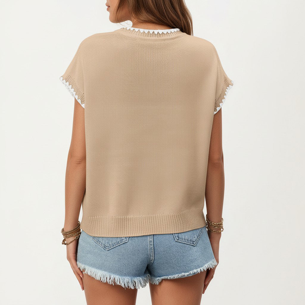 Anna-Kaci Short Sleeve Knit Top with Contrast Trim Crew Neck and Relaxed Fit