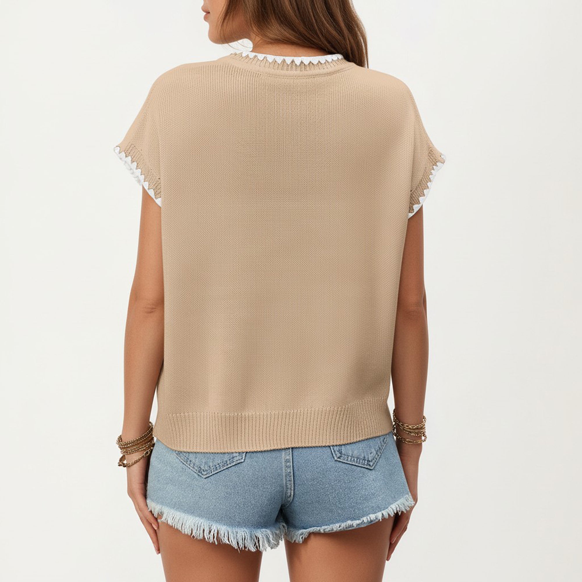 Anna-Kaci Short Sleeve Knit Top with Contrast Trim Crew Neck and Relaxed Fit