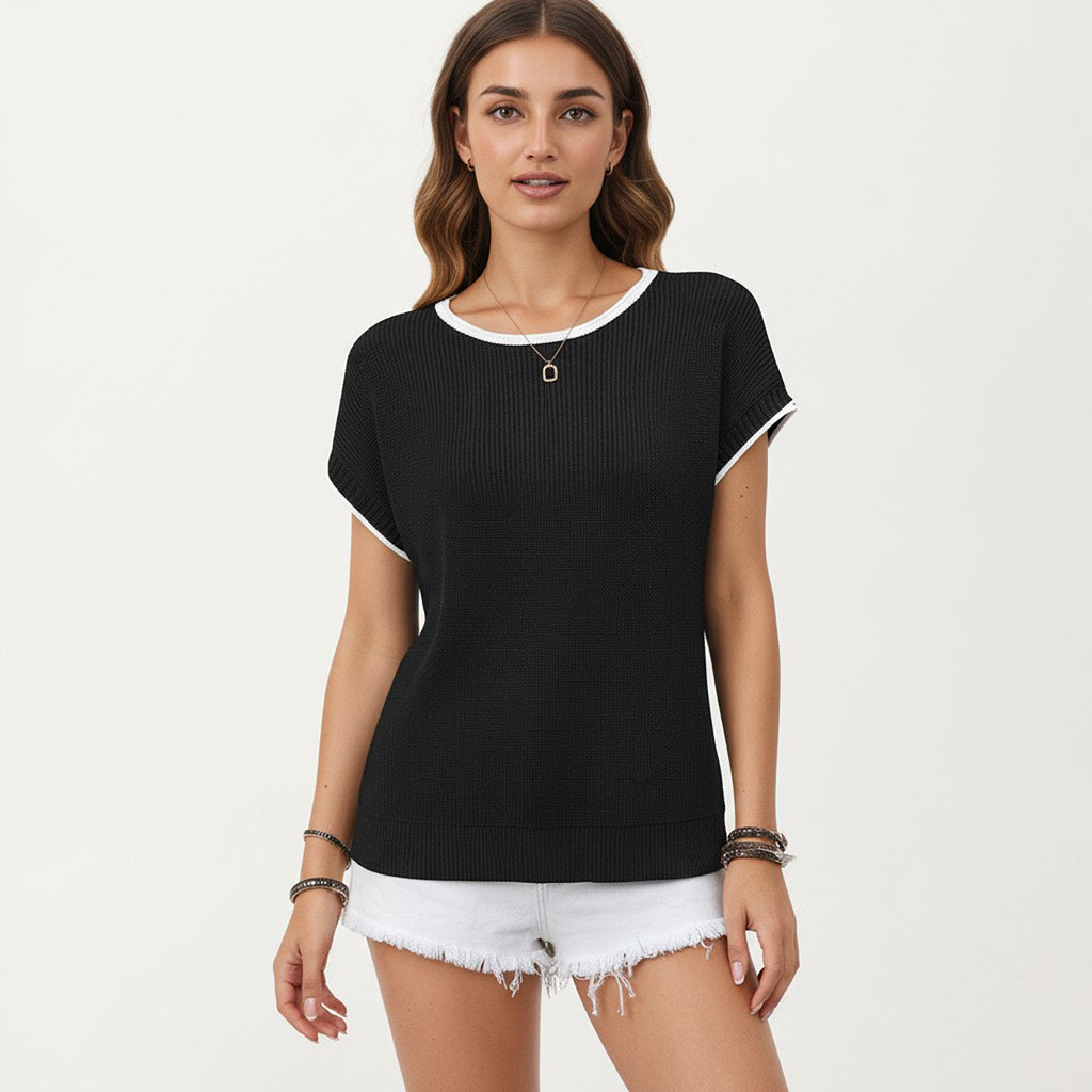 Anna-Kaci Short Sleeve Knit Top with Contrast Trim Crew Neck and Relaxed Fit