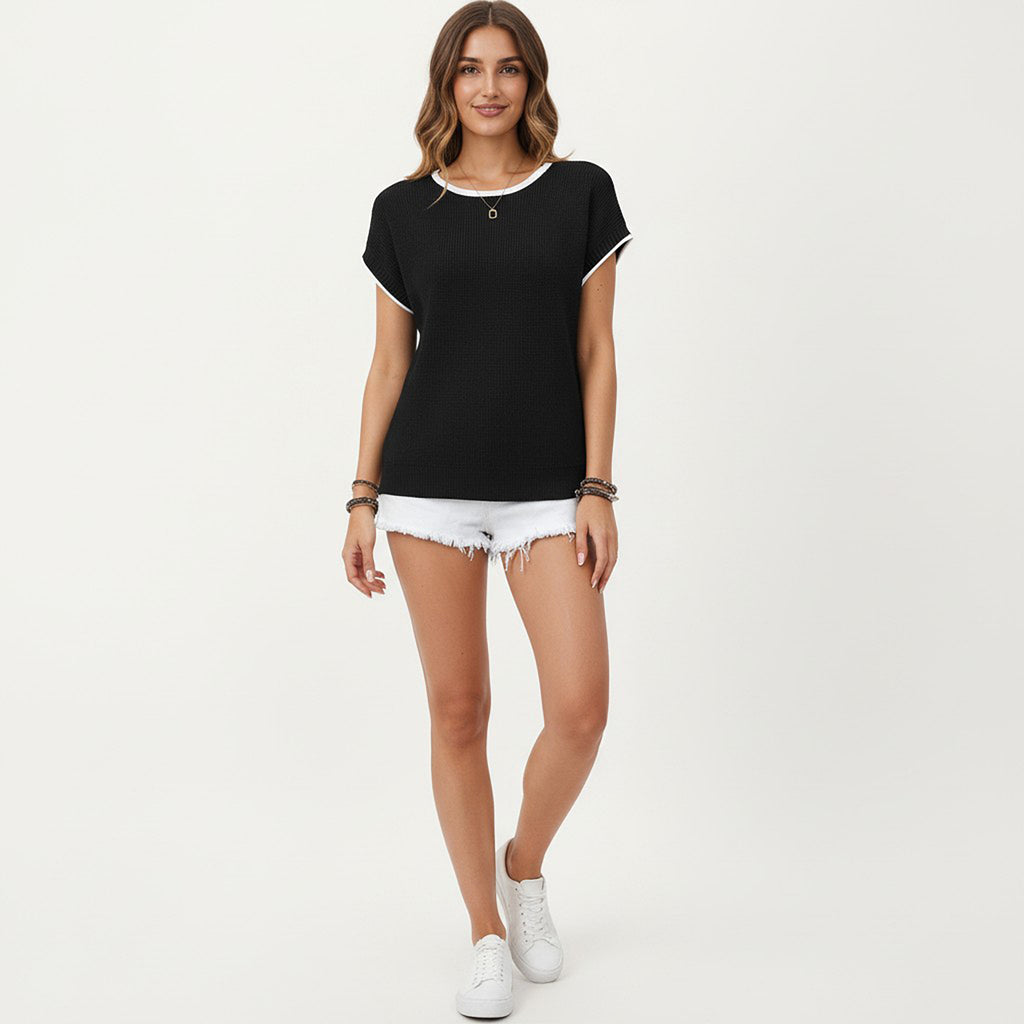Anna-Kaci Short Sleeve Knit Top with Contrast Trim Crew Neck and Relaxed Fit