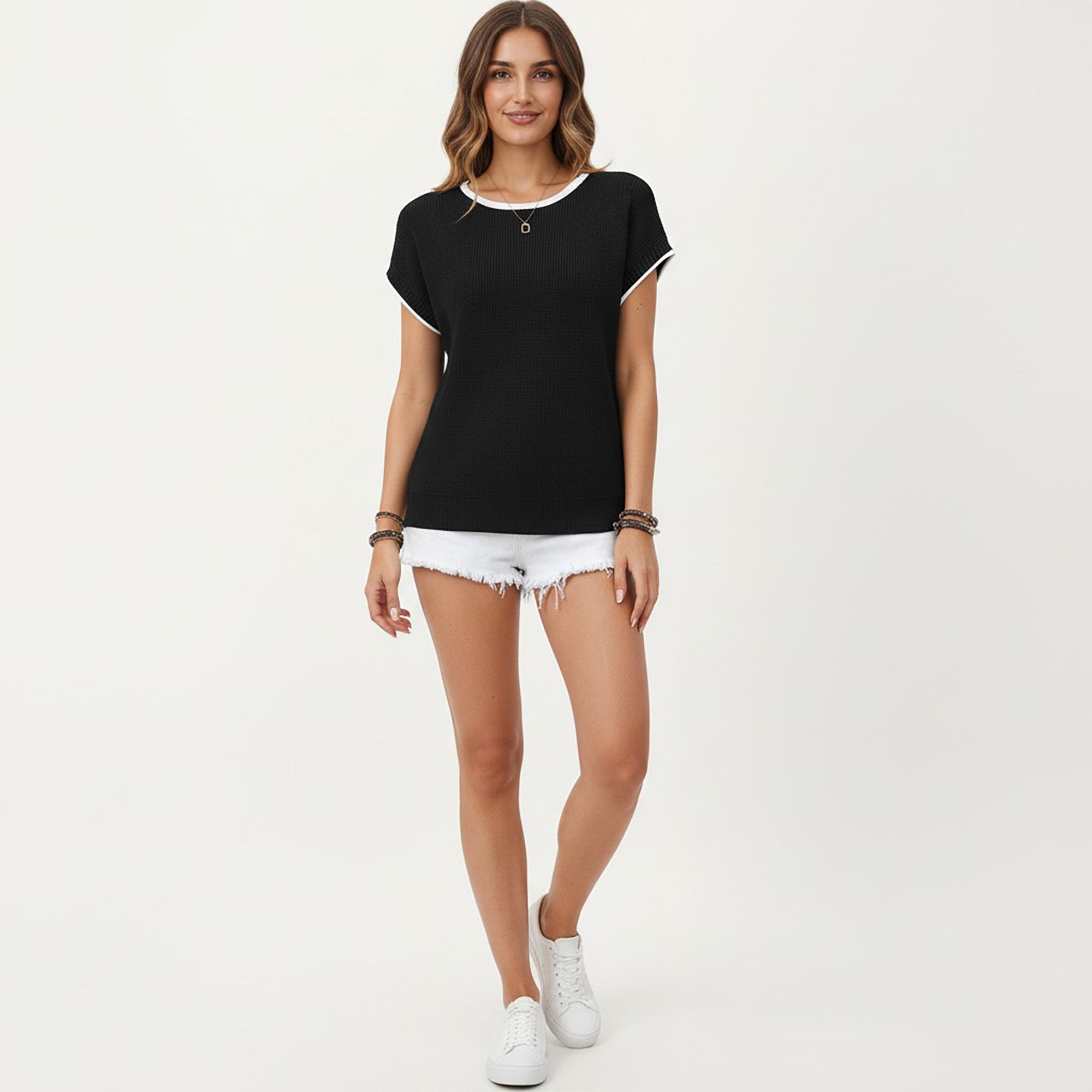 Anna-Kaci Short Sleeve Knit Top with Contrast Trim Crew Neck and Relaxed Fit