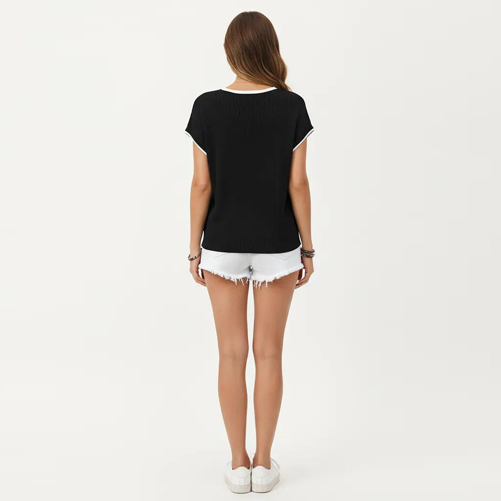 Anna-Kaci Short Sleeve Knit Top with Contrast Trim Crew Neck and Relaxed Fit