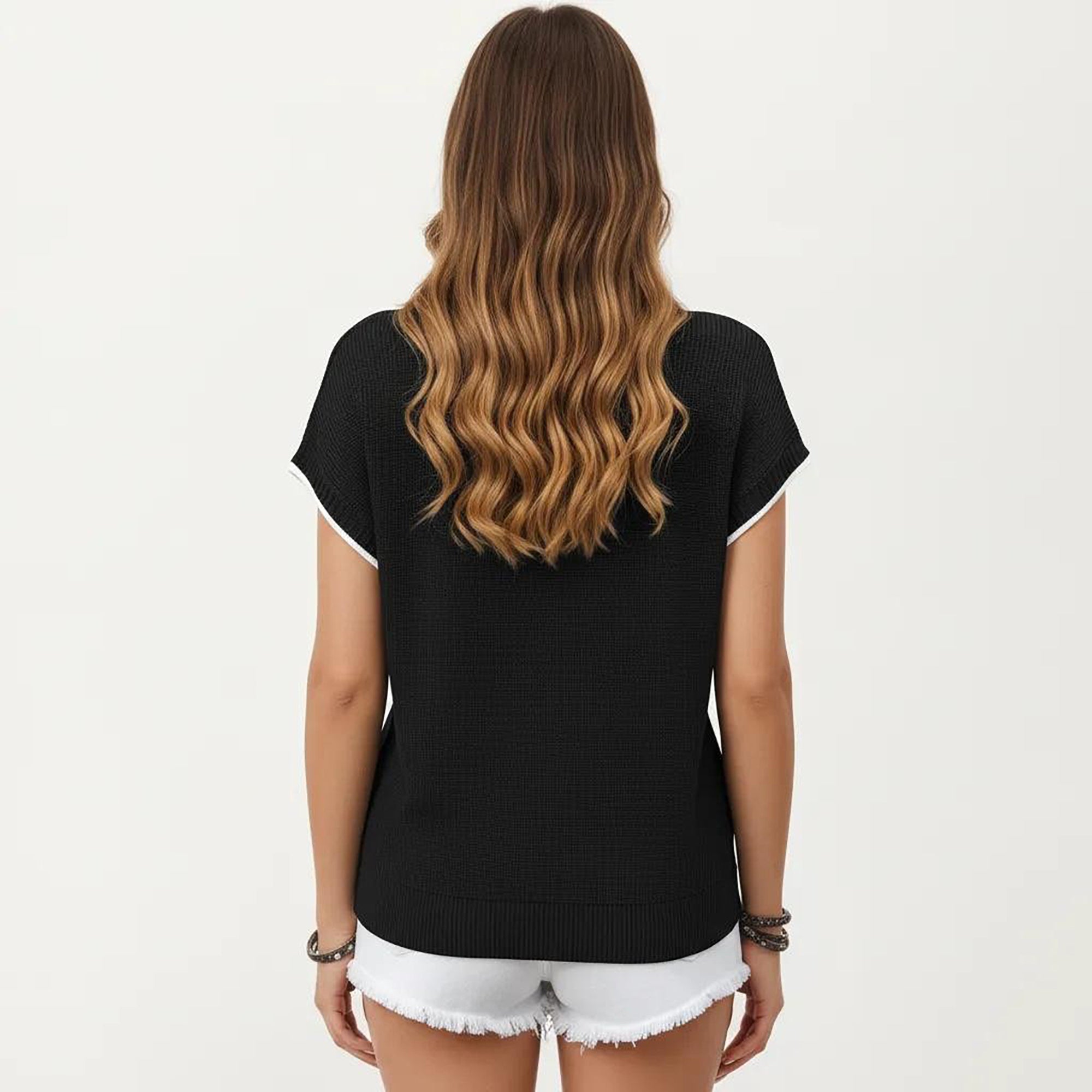 Anna-Kaci Short Sleeve Knit Top with Contrast Trim Crew Neck and Relaxed Fit