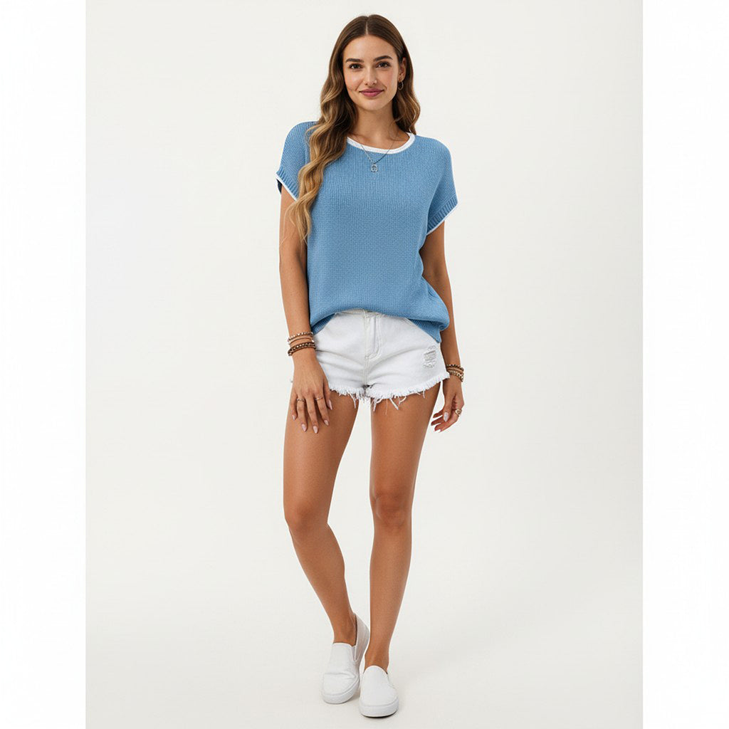 Anna-Kaci Short Sleeve Knit Top with Contrast Trim Crew Neck and Relaxed Fit